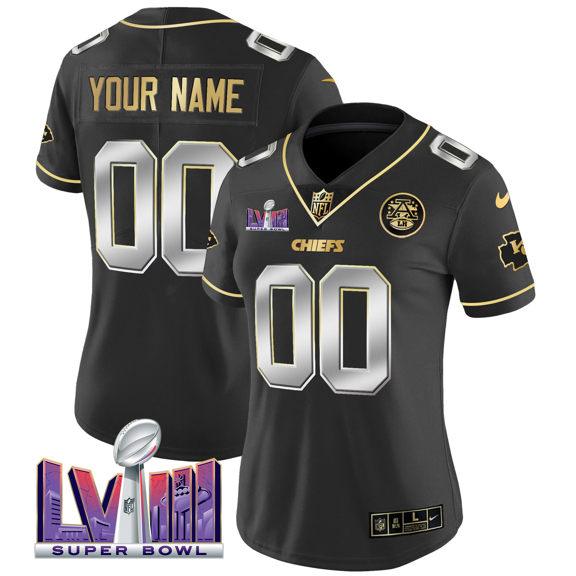 Women's Kansas City Chiefs Super Bowl LVIII Patch Vapor Custom Black Limited Jersey - All Stitched