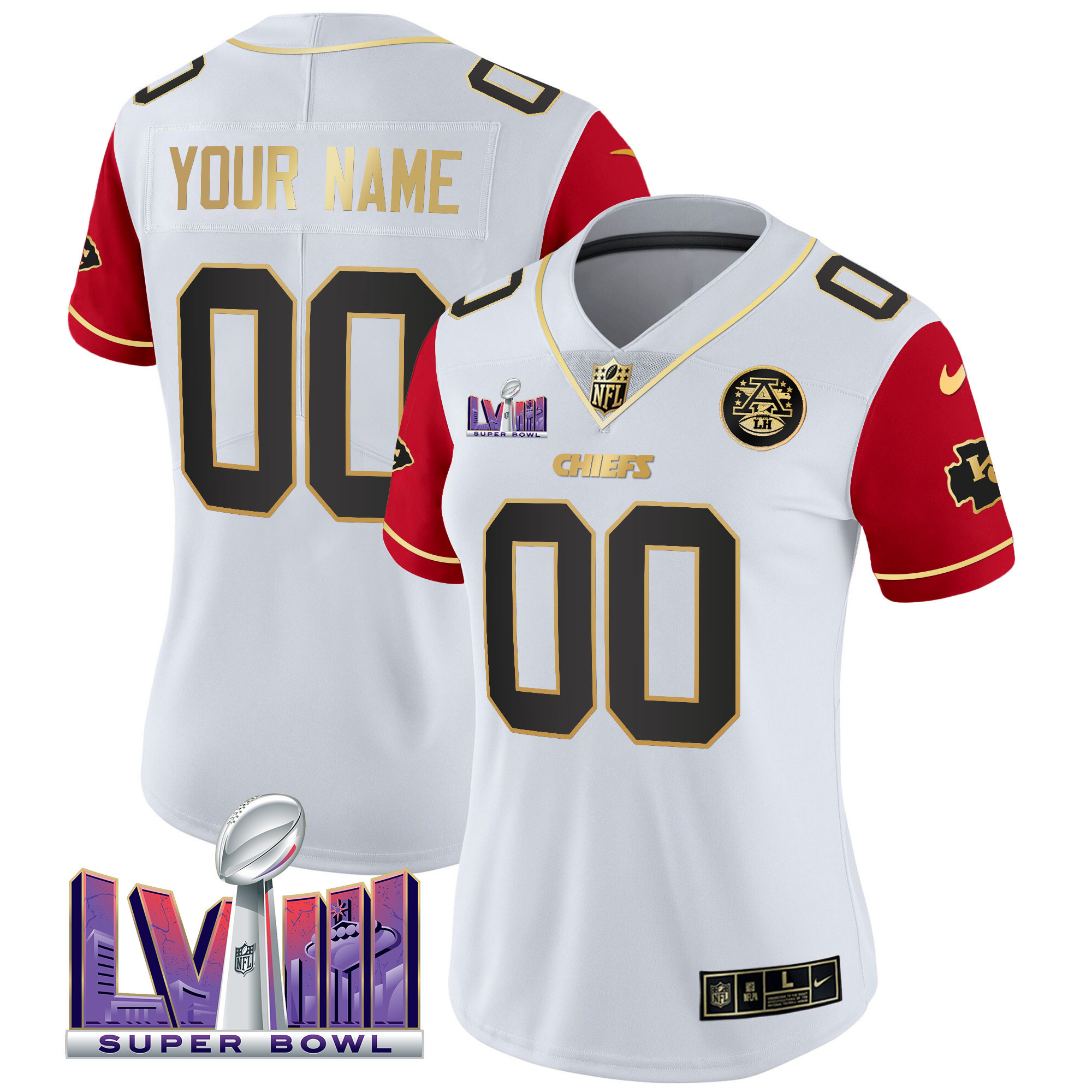Women's Kansas City Chiefs Super Bowl LVIII Patch Vapor Custom Color Sleeves Jersey - All Stitched