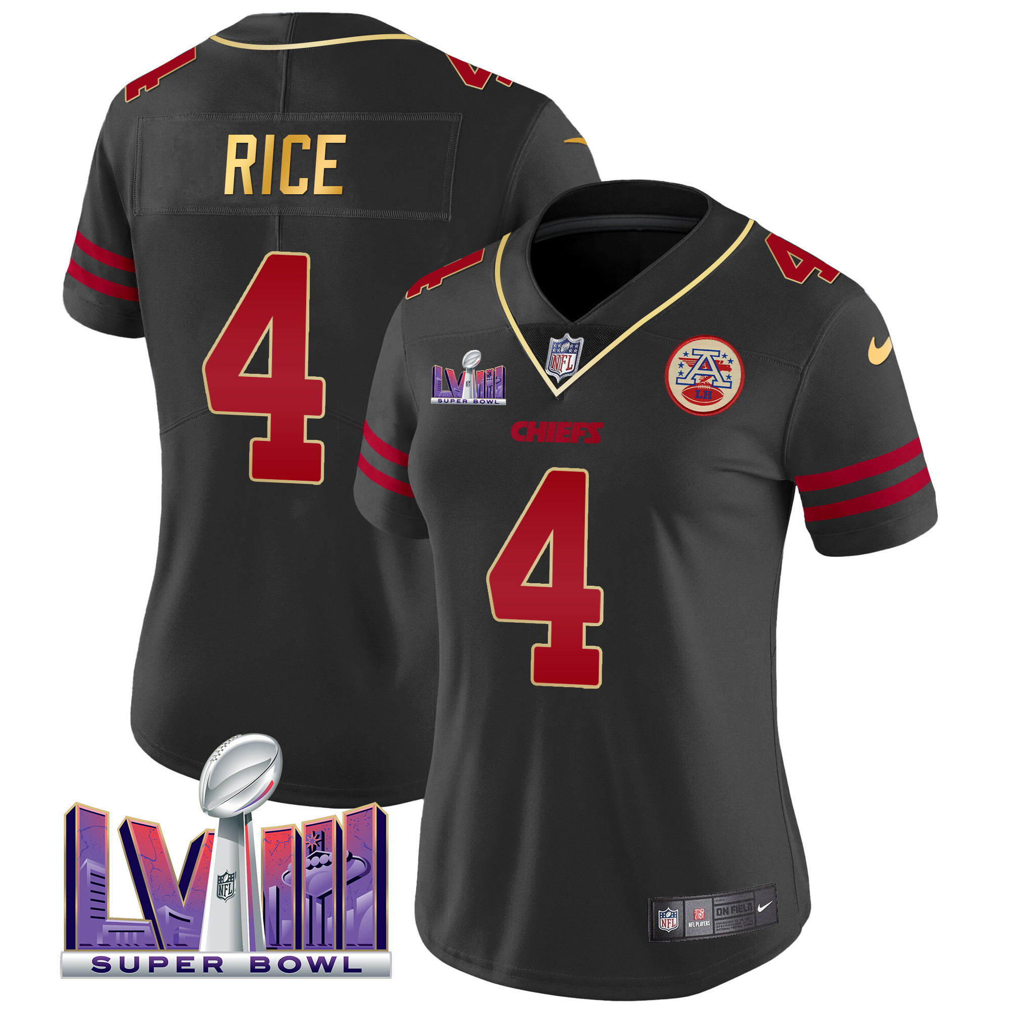 Women's Kansas City Chiefs Super Bowl LVIII Patch Vapor Custom Gold Trim Jersey - All Stitched