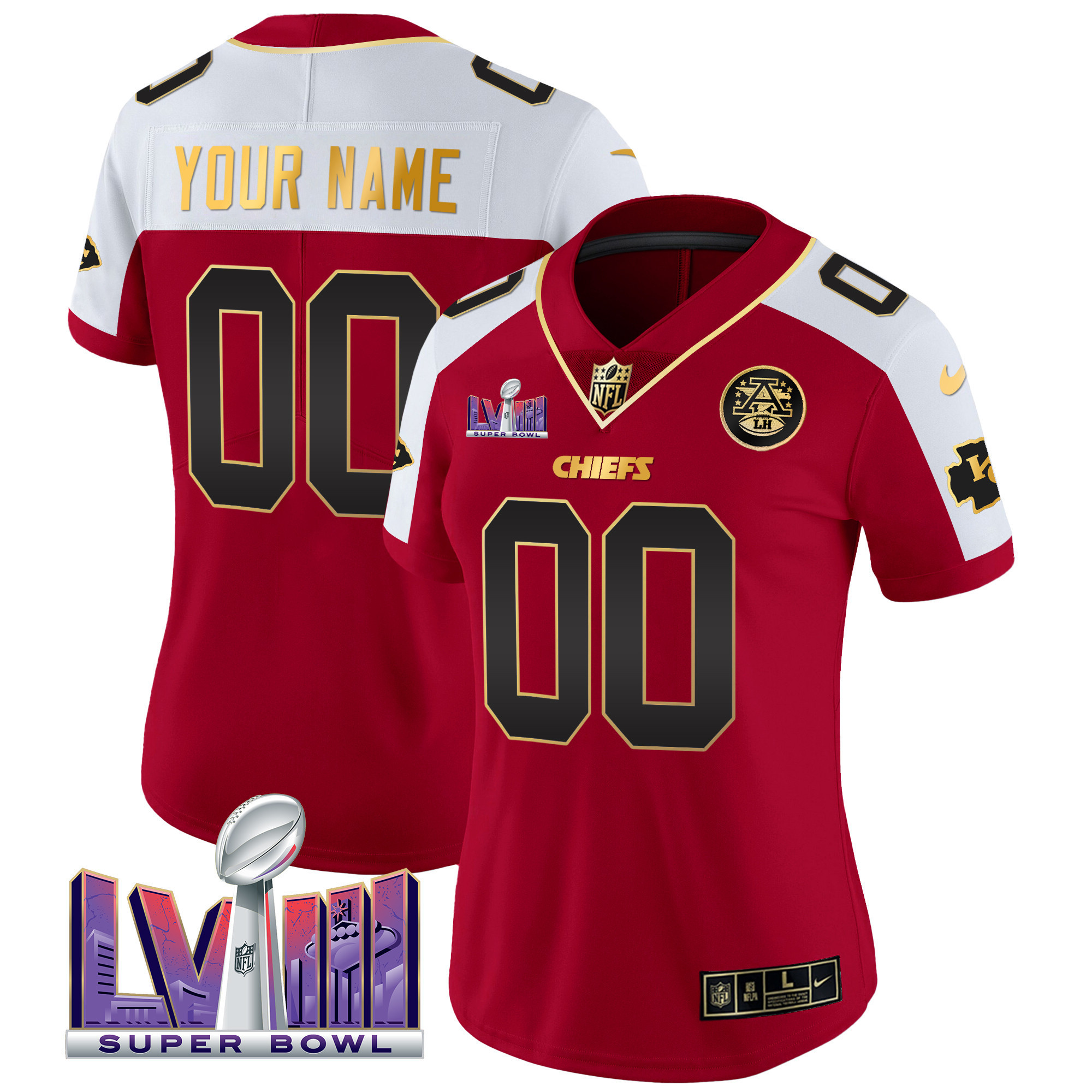 Women's Kansas City Chiefs Super Bowl LVIII Patch Vapor Custom Red Alternate Jersey - All Stitched