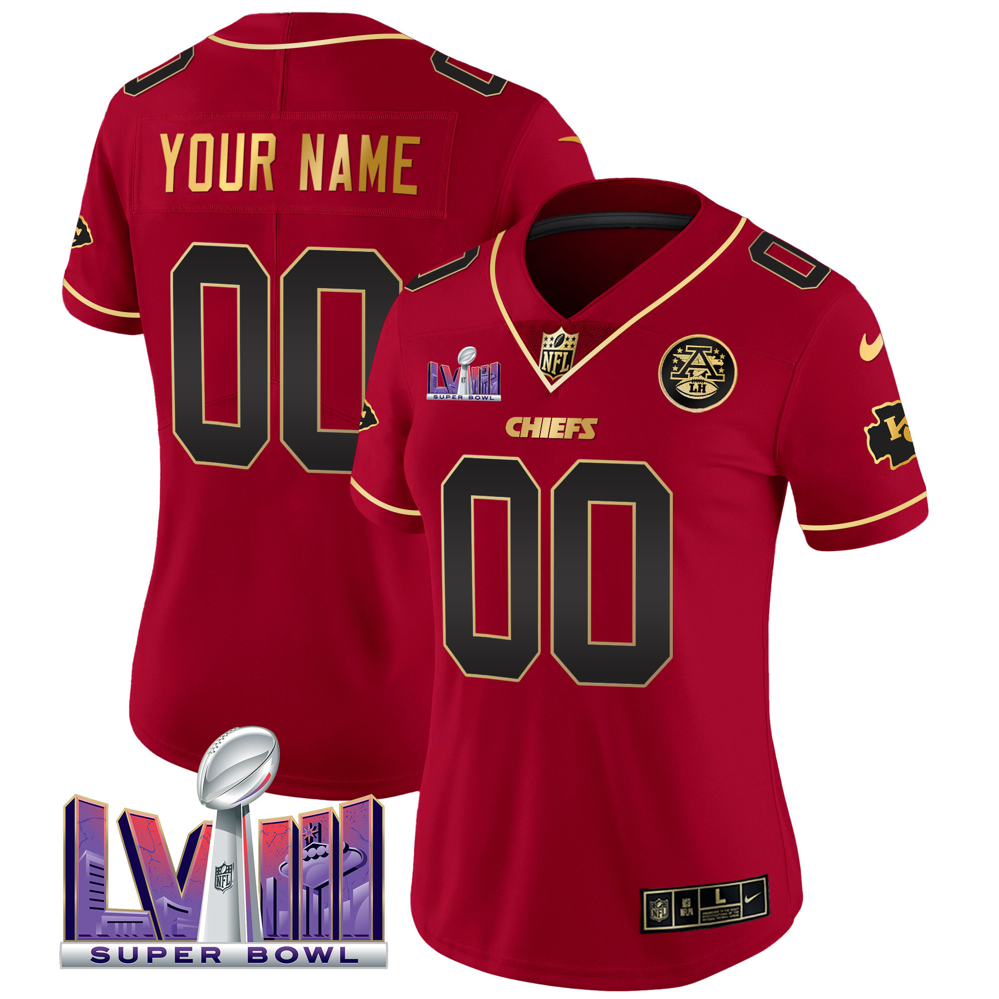 Women's Kansas City Chiefs Super Bowl LVIII Patch Vapor Custom Red Special Jersey - All Stitched