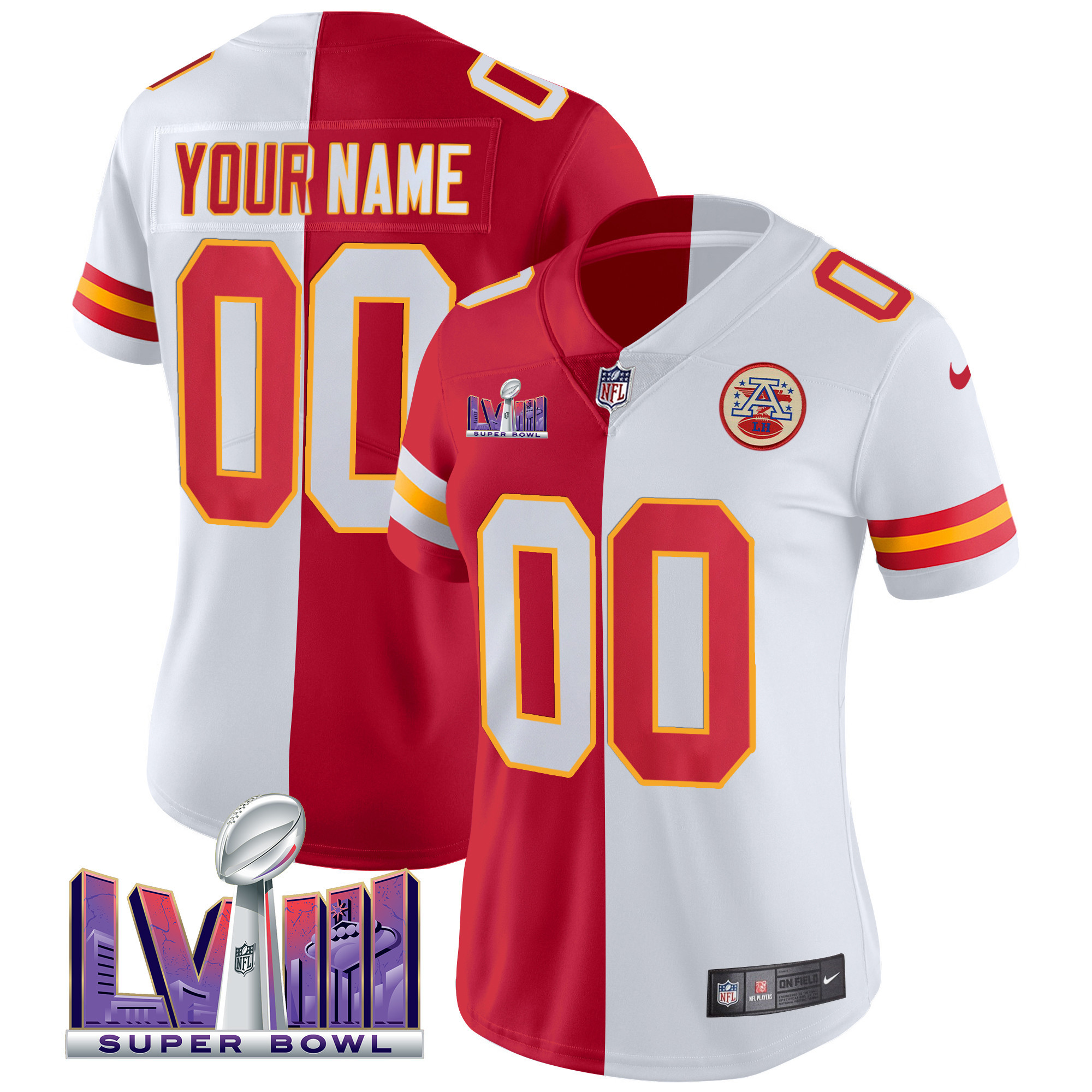 Women's Kansas City Chiefs Super Bowl LVIII Patch Vapor Custom Split Jersey - All Stitched