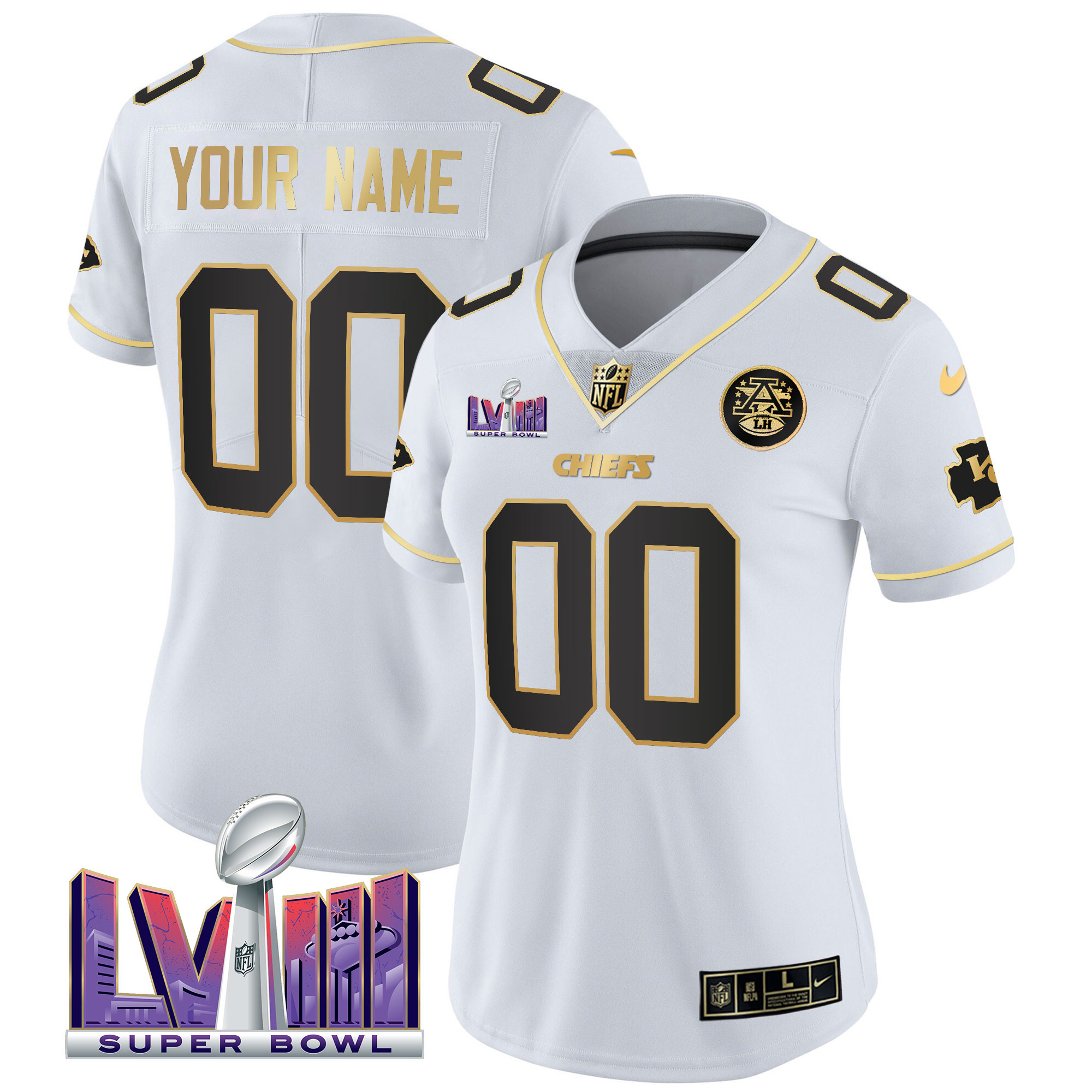 Women's Kansas City Chiefs Super Bowl LVIII Patch Vapor Custom White Gold Jersey - All Stitched