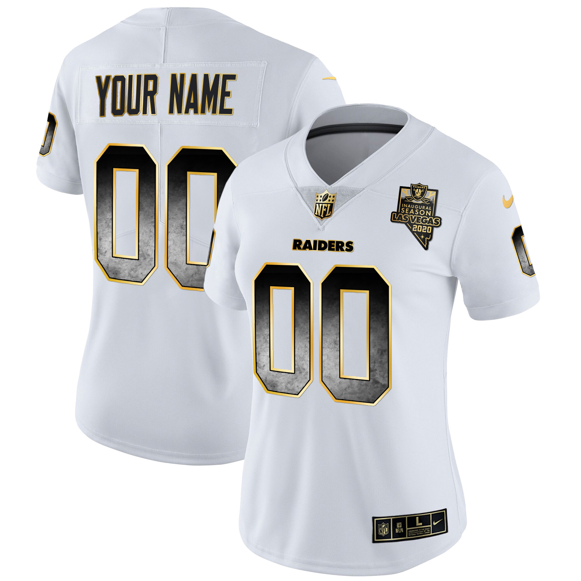 Women's Las Vegas Raiders Gold Arch Smoke Vapor Custom White Gold Jersey - All Stitched