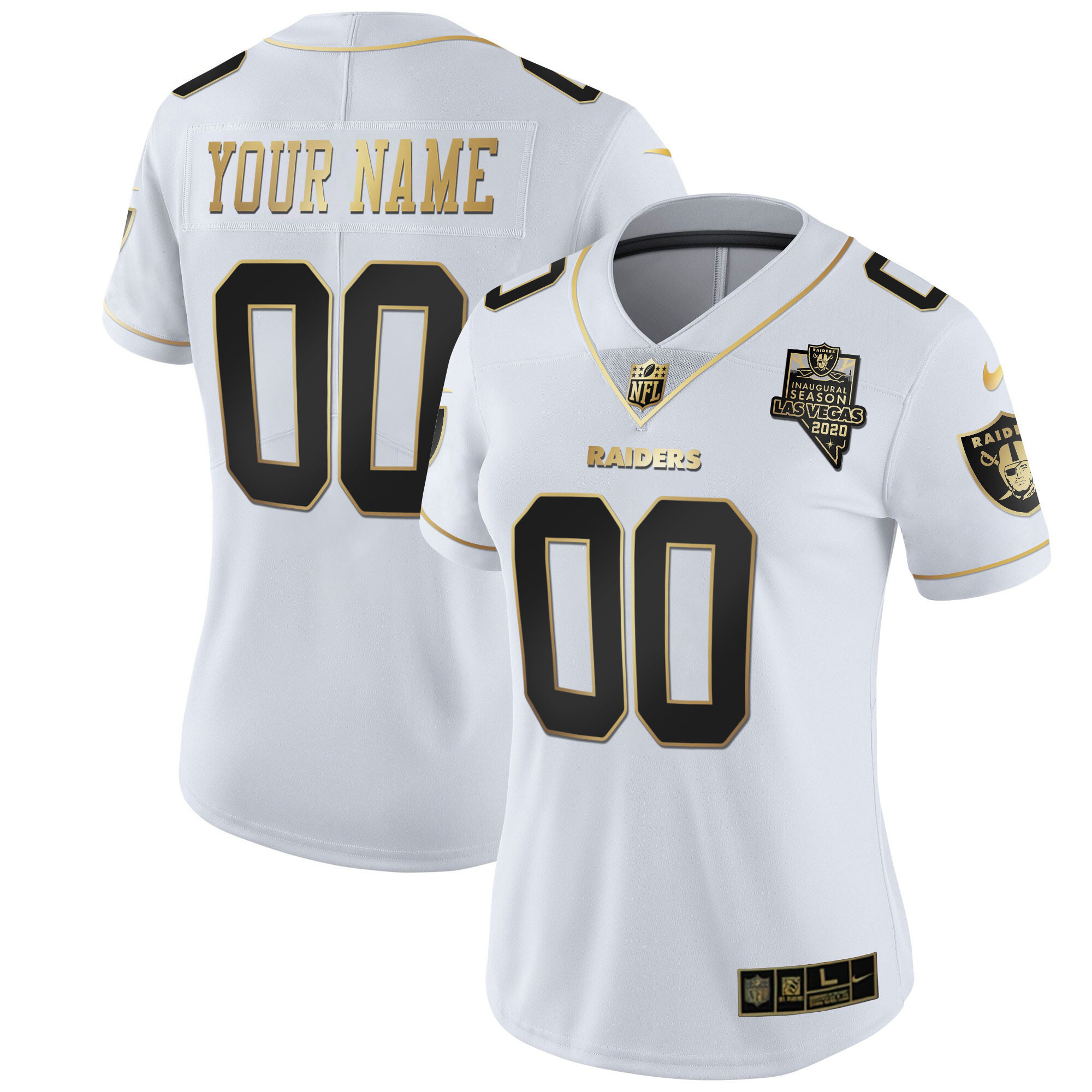 Women's Las Vegas Raiders Inaugural Season Patch Gold & Split Custom Name and Number - All Stitched White Gold Jersey - All Stitched