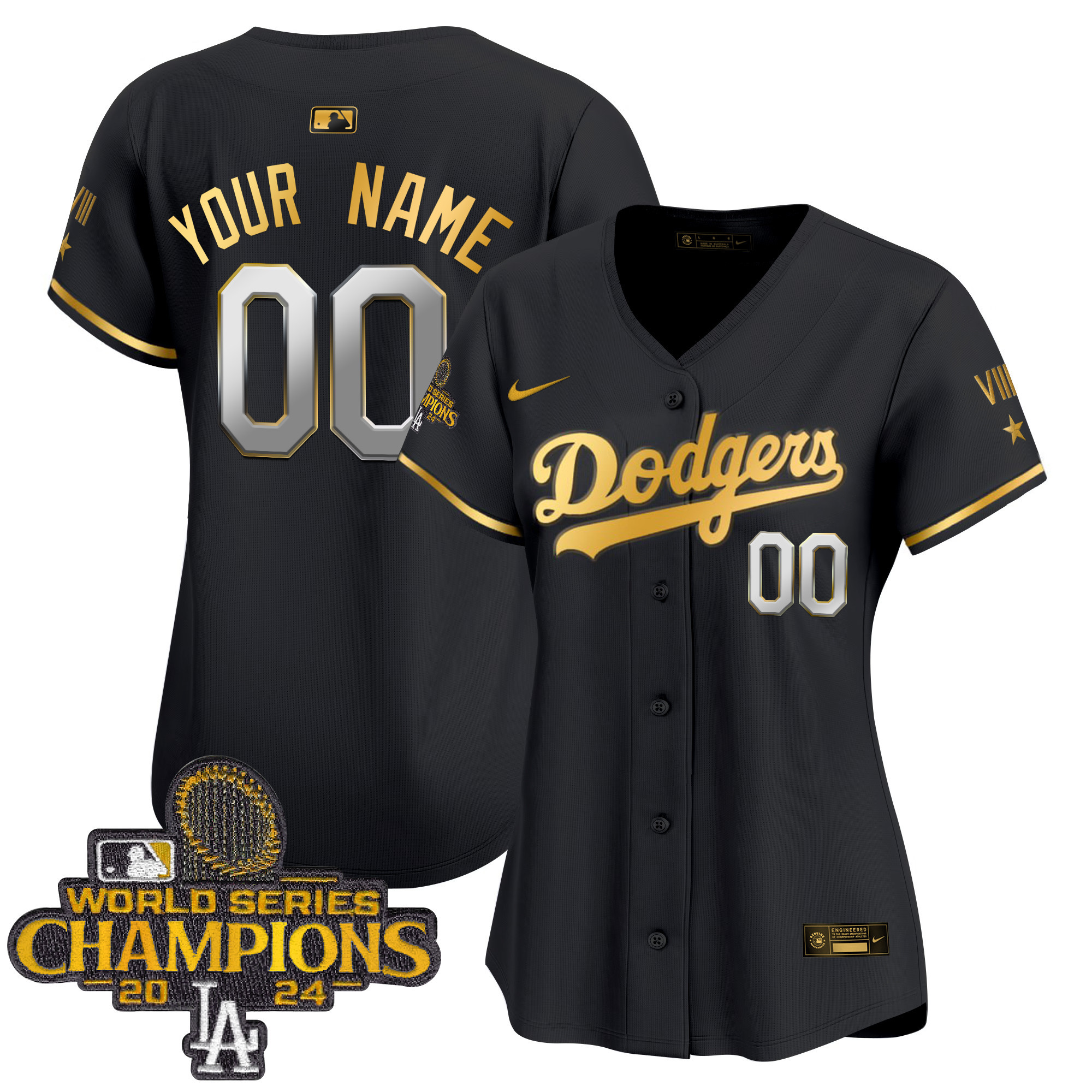Women's Los Angeles Dodgers 2024 World Series Champions Gold Trim Vapor Premier Limited Custom Black Gold Jersey - All Stitched