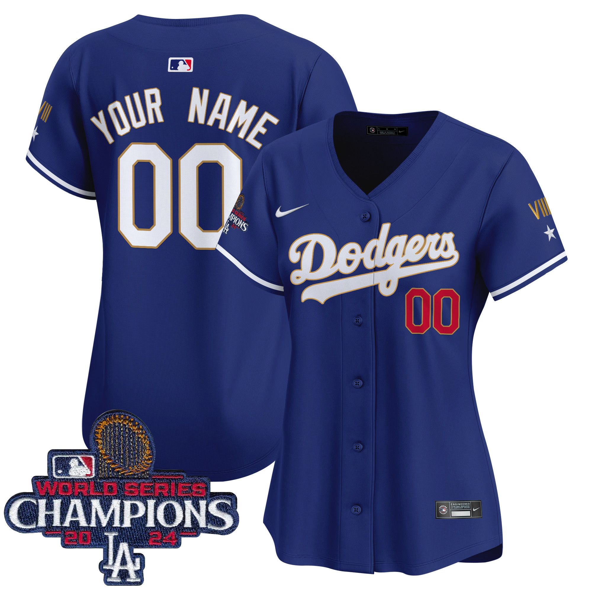 Women's Los Angeles Dodgers 2024 World Series Champions Gold Trim Vapor Premier Limited Custom Royal Jersey - All Stitched