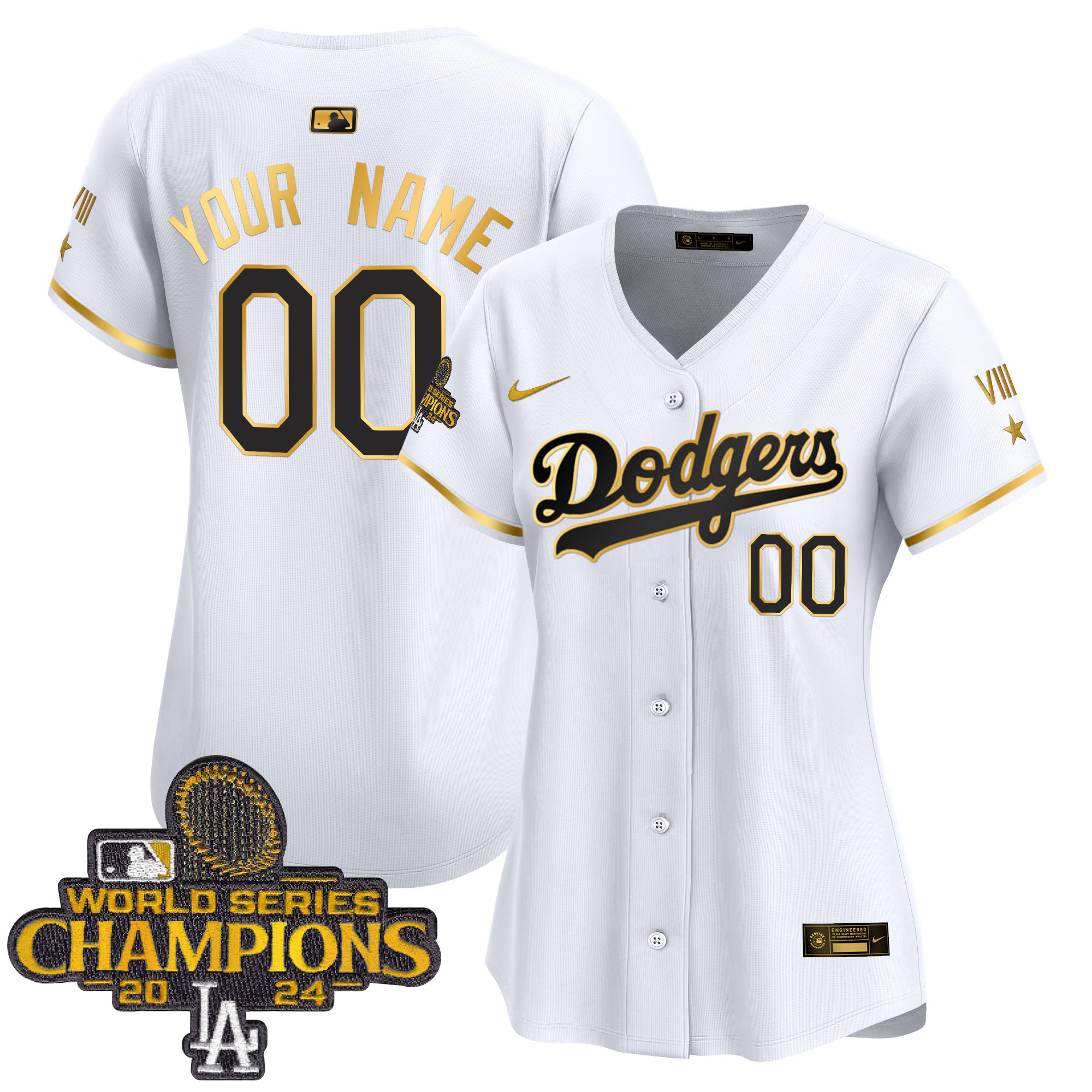Women's Los Angeles Dodgers 2024 World Series Champions Gold Trim Vapor Premier Limited Custom White Gold Jersey - All Stitched