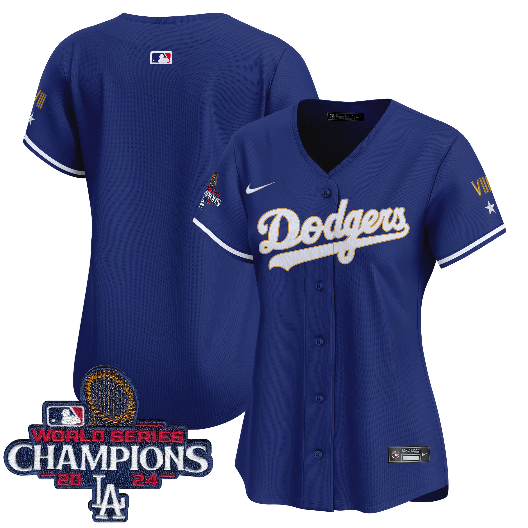 Women's Los Angeles Dodgers 2024 World Series Champions Gold Trim Vapor Premier Limited Royal Jersey - All Stitched