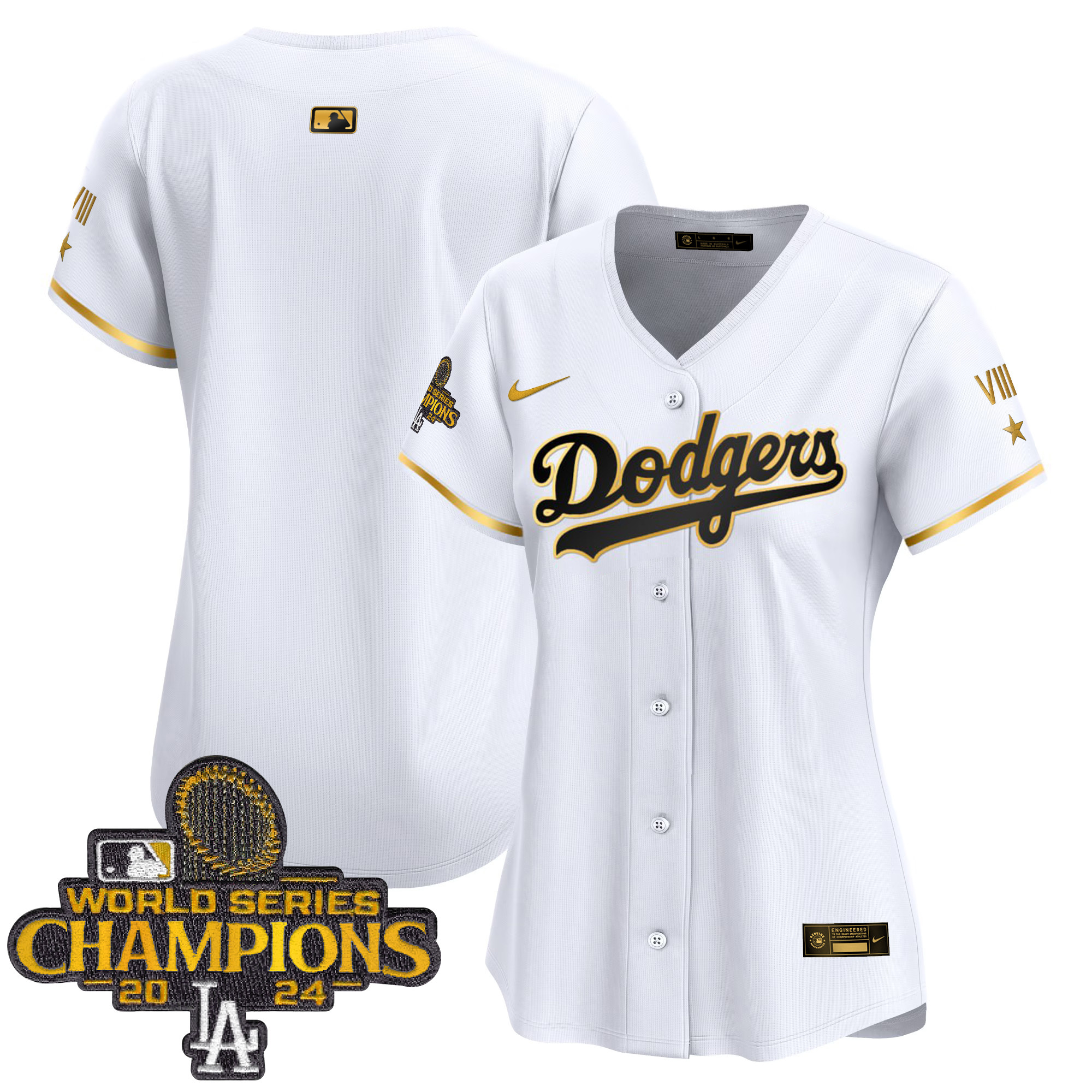 Women's Los Angeles Dodgers 2024 World Series Champions Gold Trim Vapor Premier Limited White Gold Jersey - All Stitched