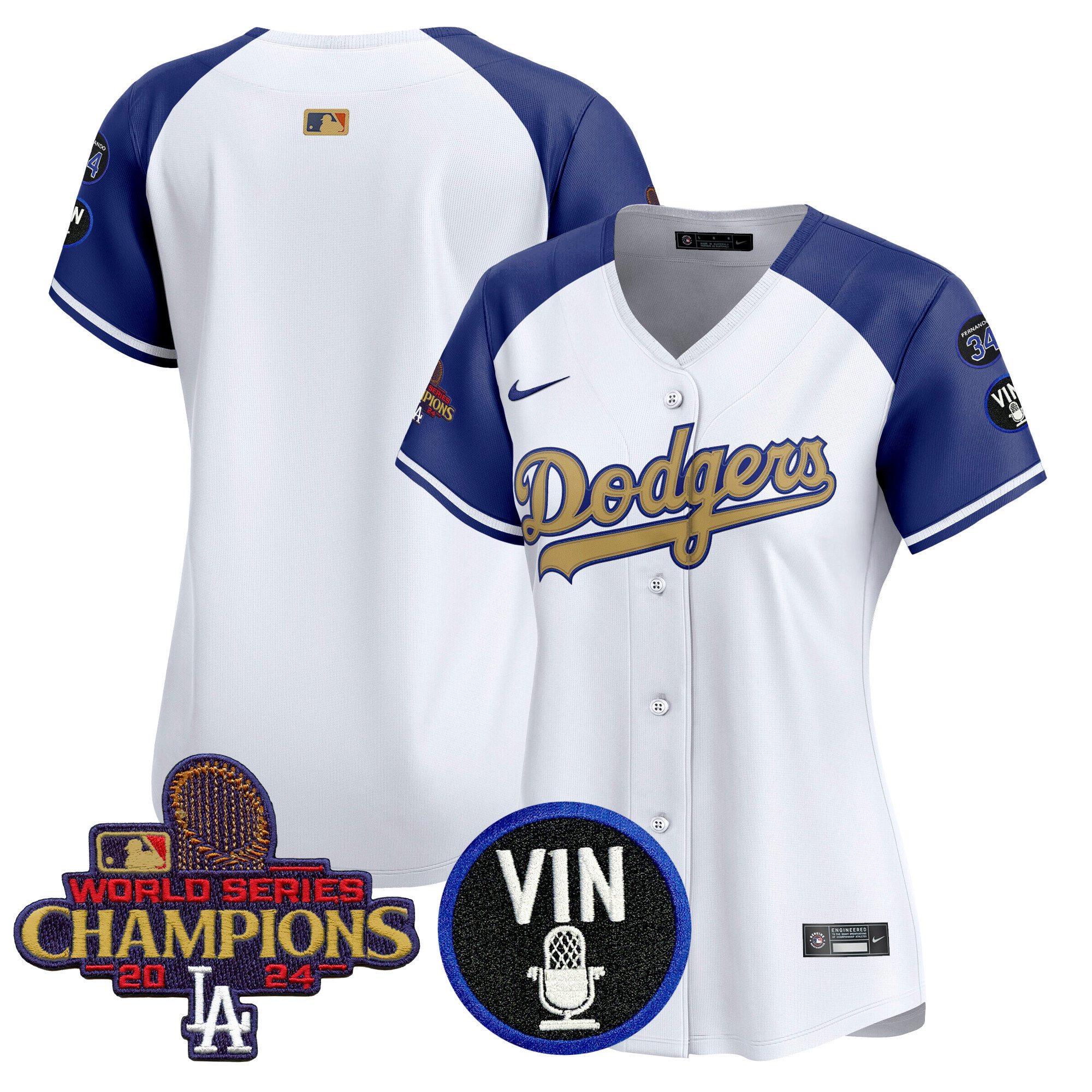 Women's Los Angeles Dodgers 2025 Vin Scully & #34 Fernando Patch Gold Vapor Premier Limited Alternate Jersey - All Stitched