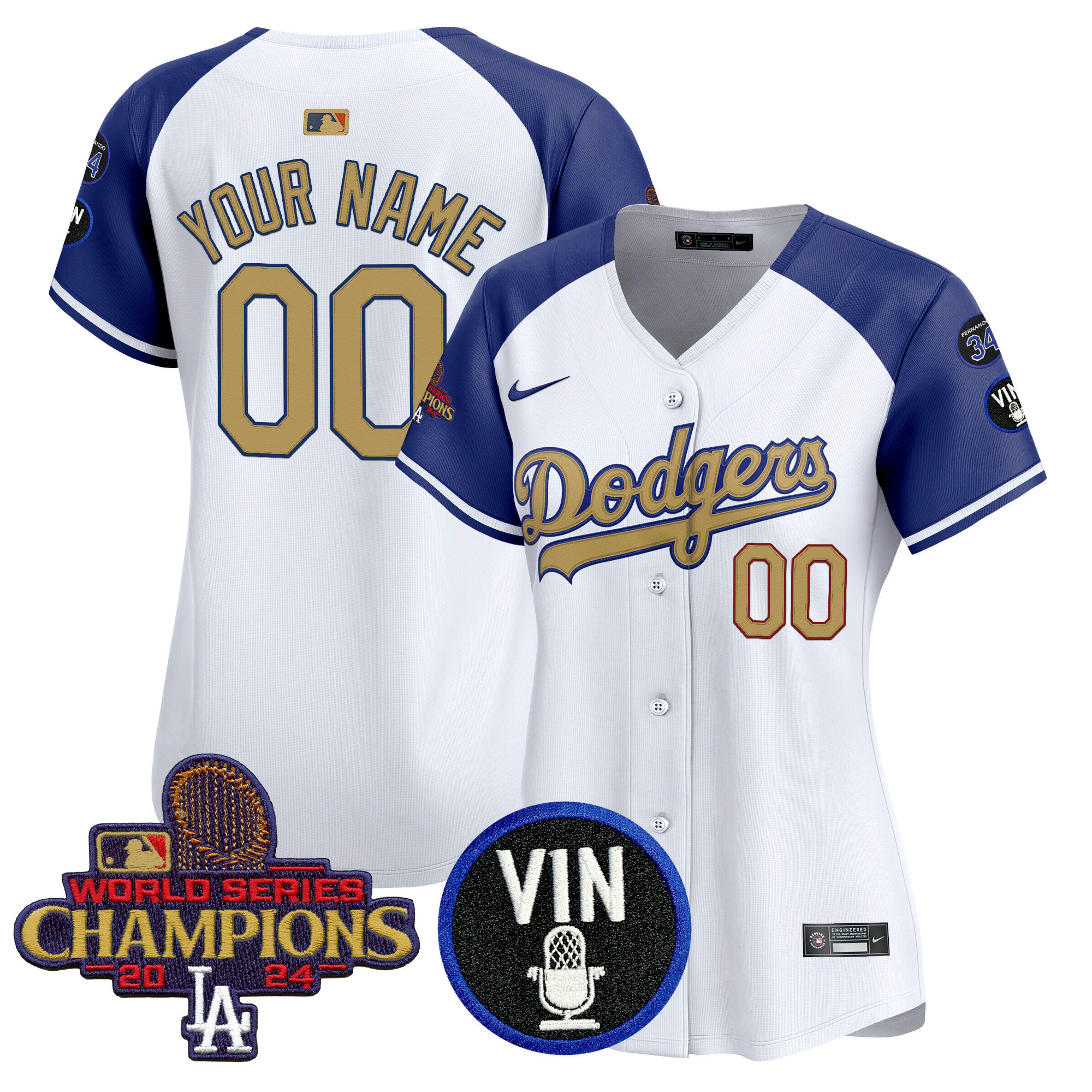 Women's Los Angeles Dodgers 2025 Vin Scully & #34 Fernando Patch Gold Vapor Premier Limited Custom Alternate Jersey - All Stitched