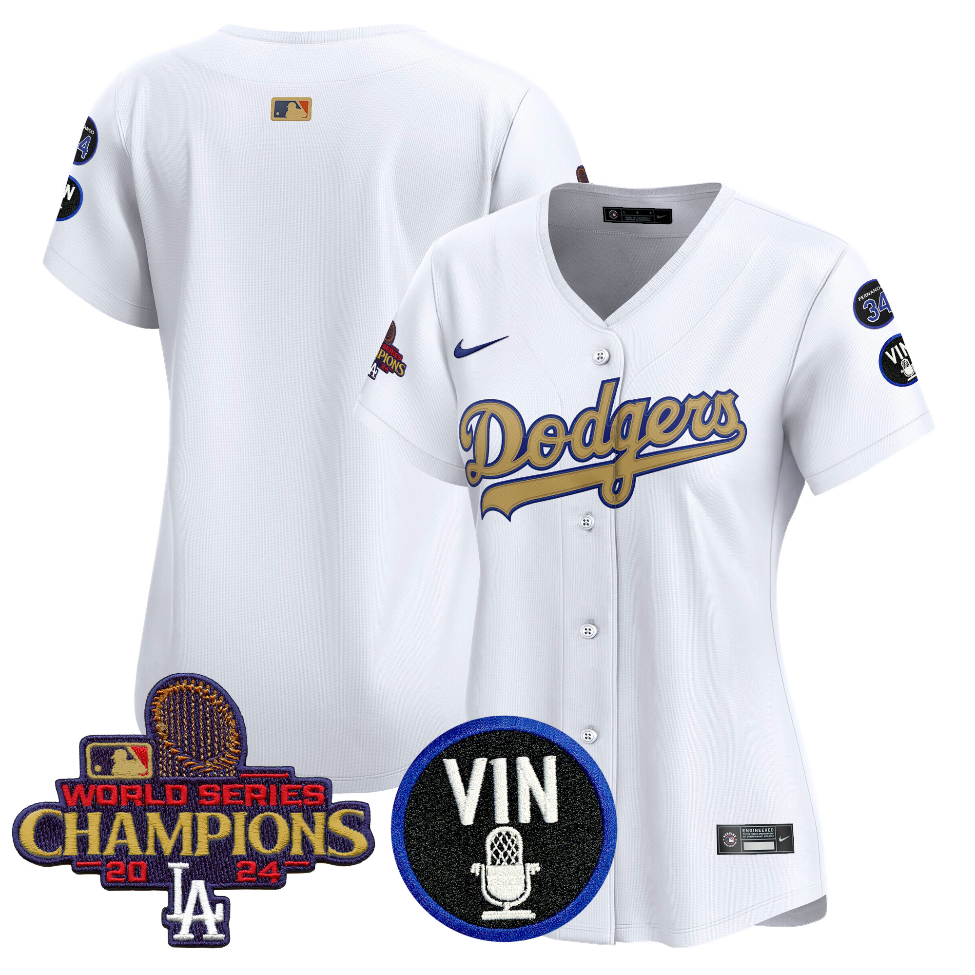 Women's Los Angeles Dodgers 2025 Vin Scully & #34 Fernando Patch Gold Vapor Premier Limited White Jersey - All Stitched