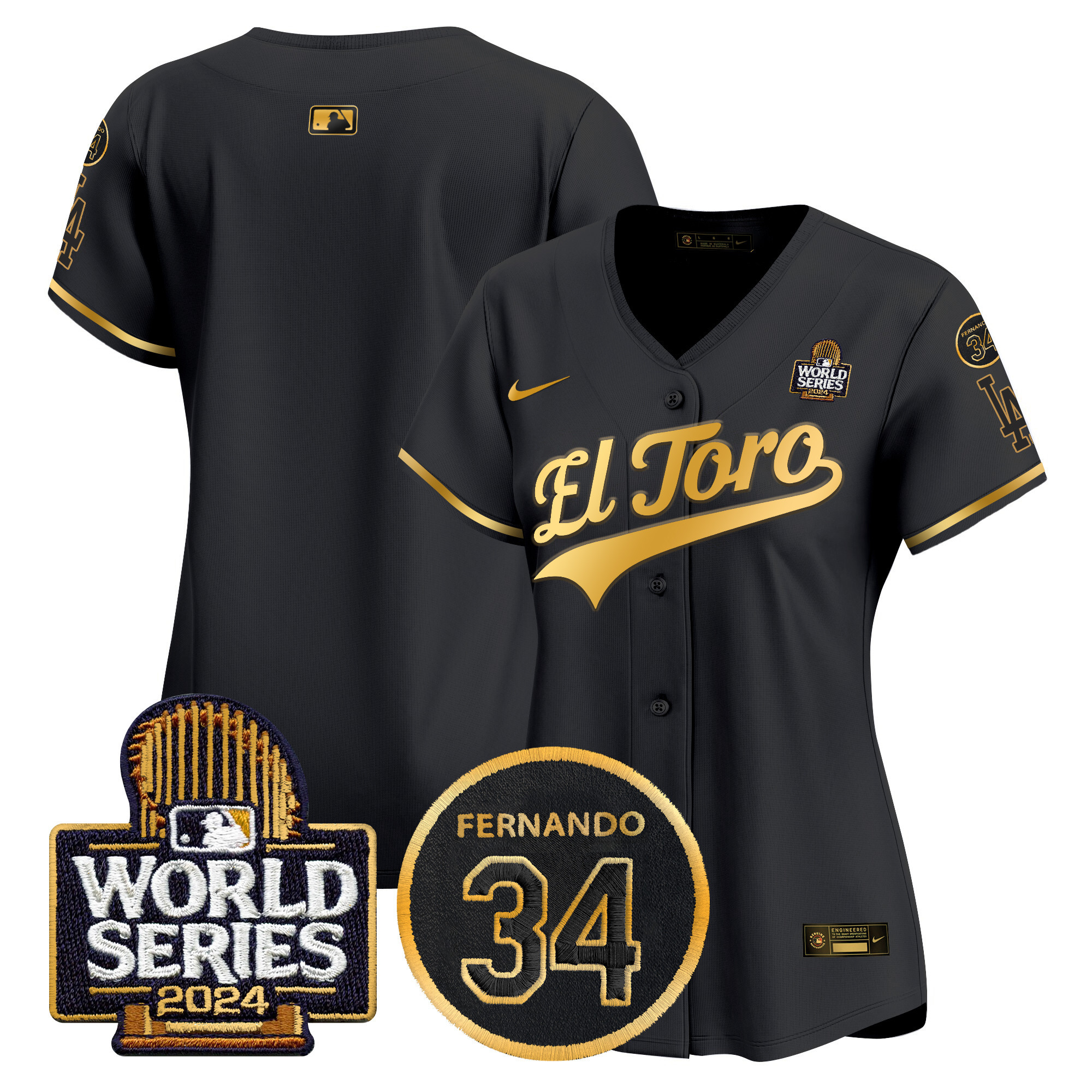 Women's Los Angeles Dodgers El Toro 2024 World Series Patch Vapor Premier Limited Black Gold Jersey - All Stitched