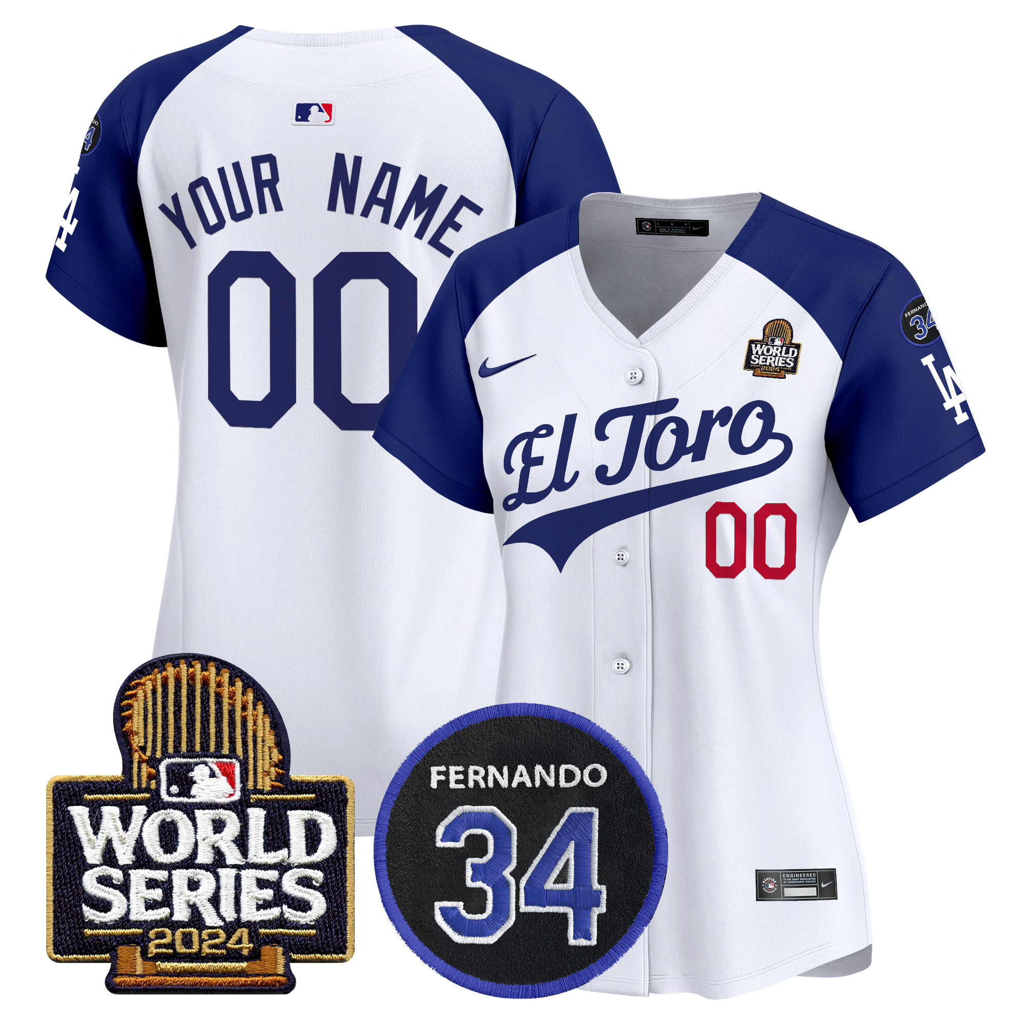Women's Los Angeles Dodgers El Toro 2024 World Series Patch Vapor Premier Limited Custom Alternate White Jersey - All Stitched