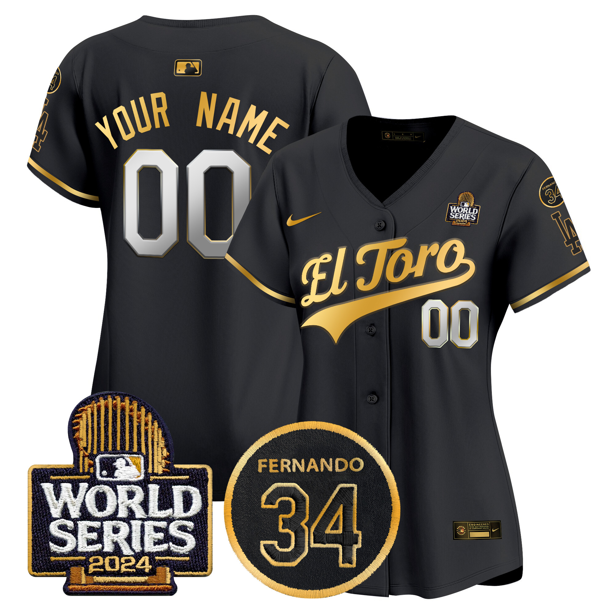 Women's Los Angeles Dodgers El Toro 2024 World Series Patch Vapor Premier Limited Custom Black Gold Jersey - All Stitched