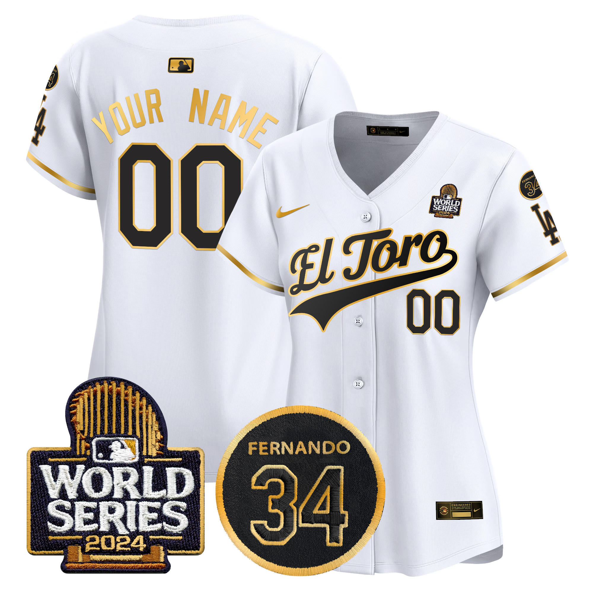 Women's Los Angeles Dodgers El Toro 2024 World Series Patch Vapor Premier Limited Custom White Gold Jersey - All Stitched