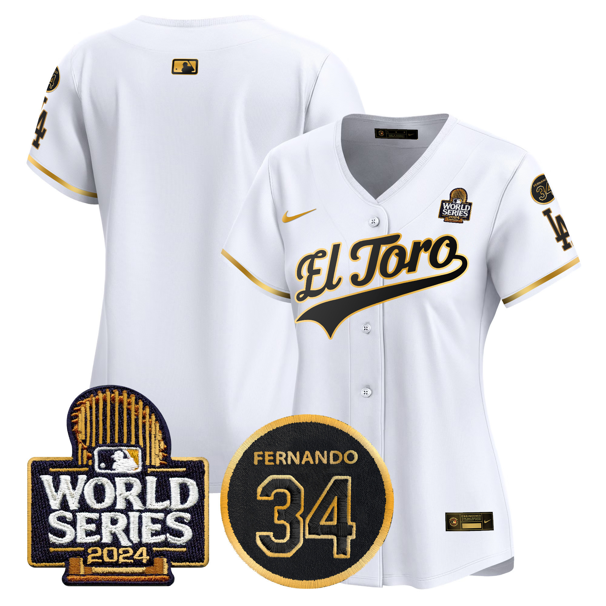 Women's Los Angeles Dodgers El Toro 2024 World Series Patch Vapor Premier Limited White Gold Jersey - All Stitched