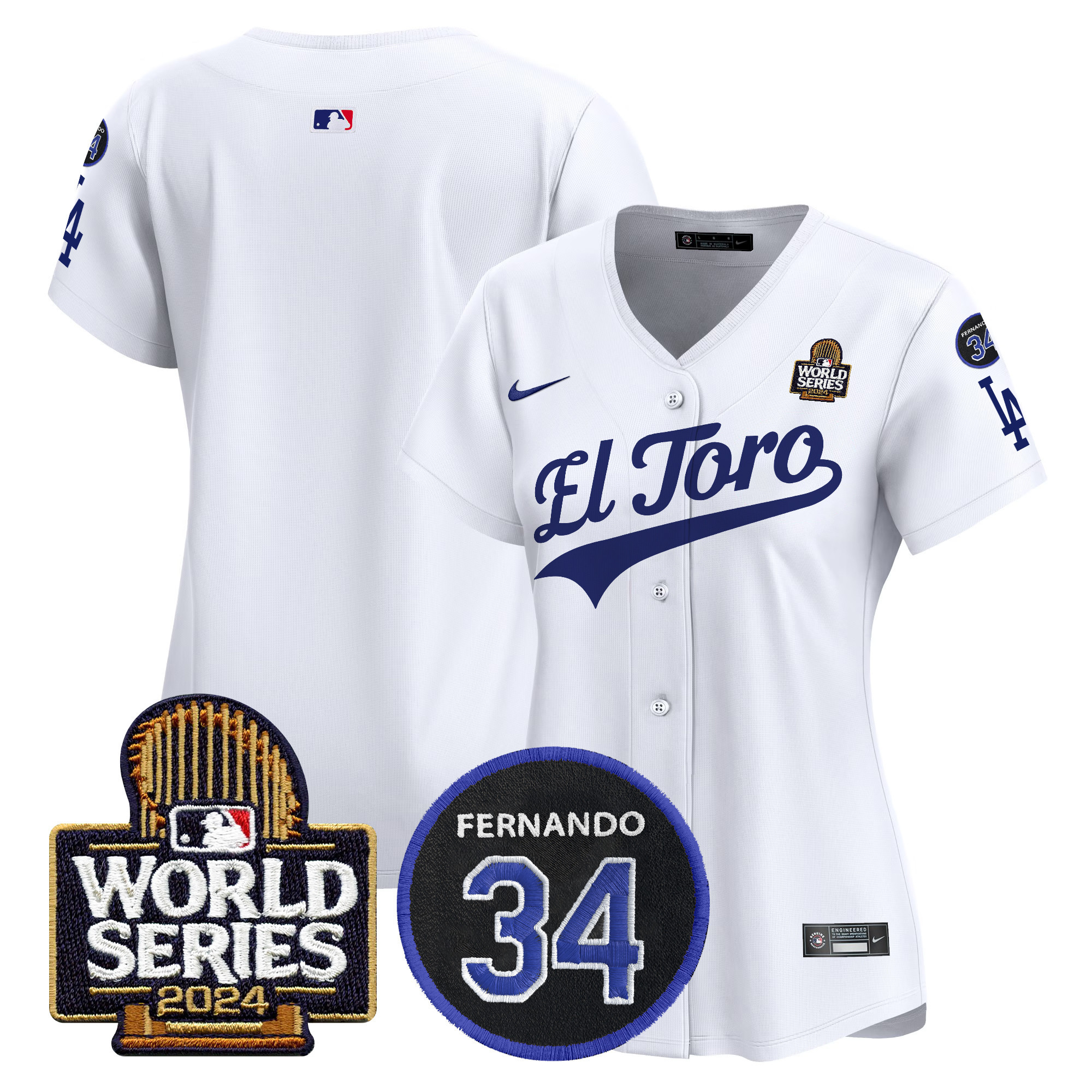 Women's Los Angeles Dodgers El Toro 2024 World Series Patch Vapor Premier Limited White Jersey - All Stitched