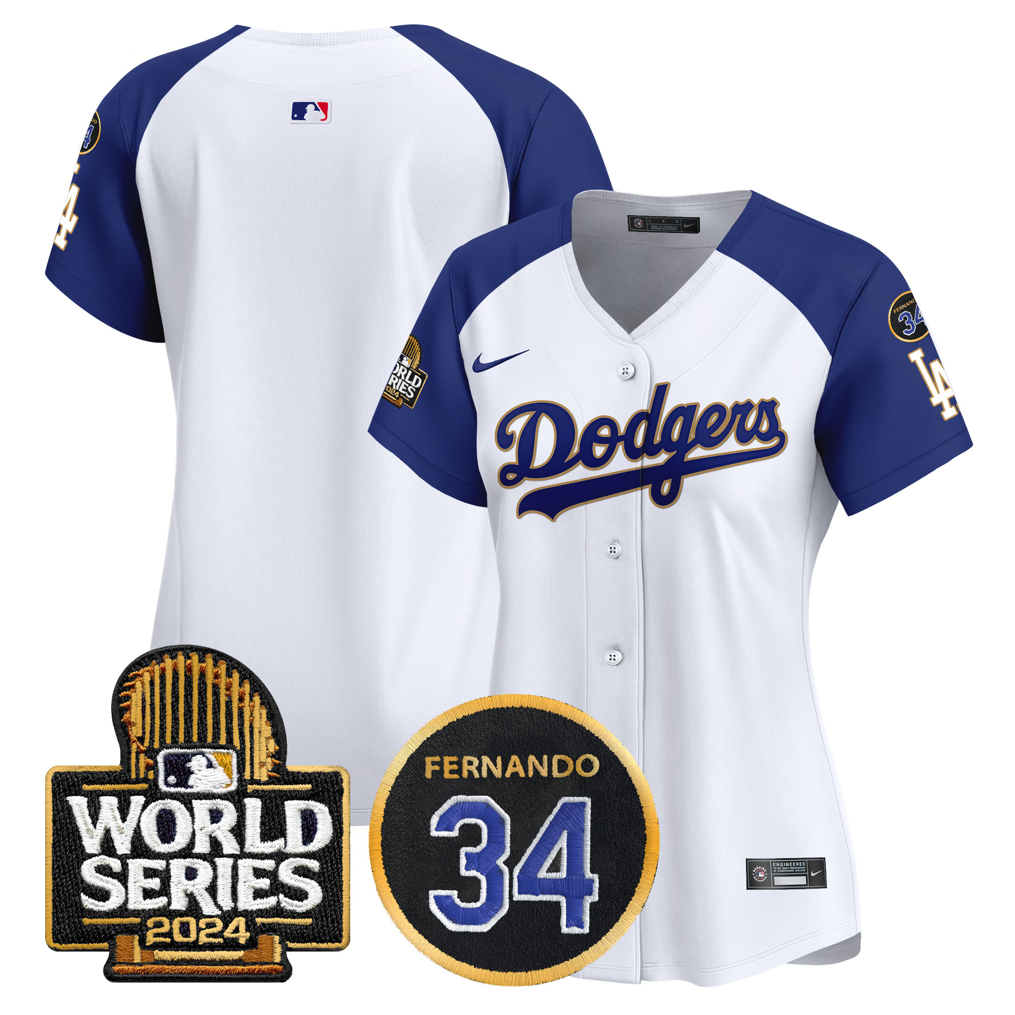 Women's Los Angeles Dodgers Fernando Memorial & 2024 World Series Patch Vapor Premier Limited White Alternate Jersey - All Stitched
