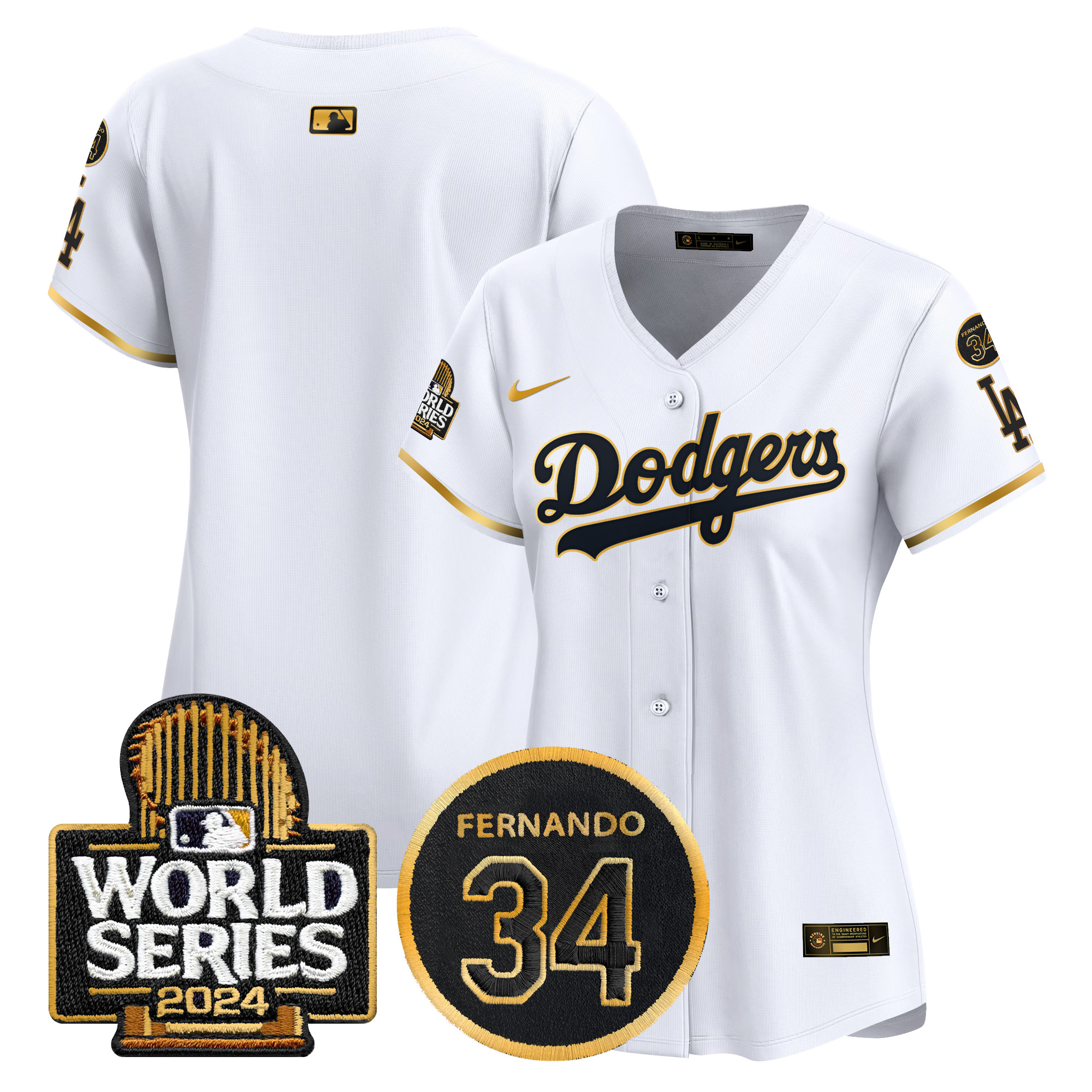 Women's Los Angeles Dodgers Fernando Memorial & 2024 World Series Patch Vapor Premier Limited White Gold Jersey - All Stitched