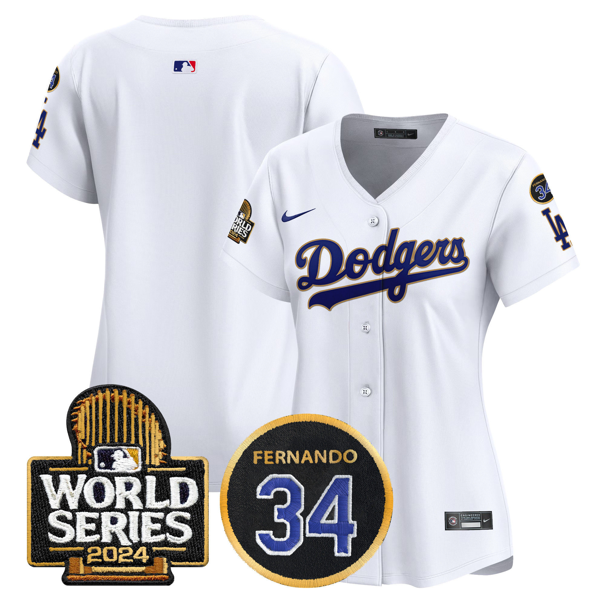Women's Los Angeles Dodgers Fernando Memorial & 2024 World Series Patch Vapor Premier Limited White Jersey - All Stitched