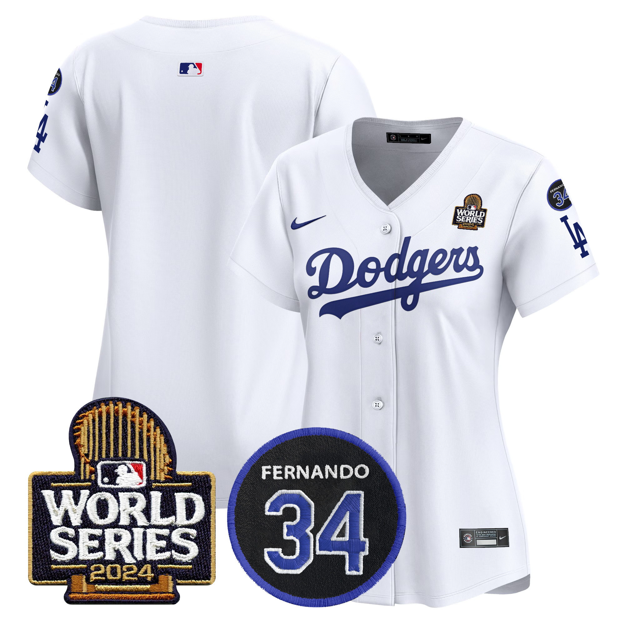Women's Los Angeles Dodgers Fernando Memorial & 2024 World Series Patch Vapor Premier Limited White Jersey V2 - All Stitched