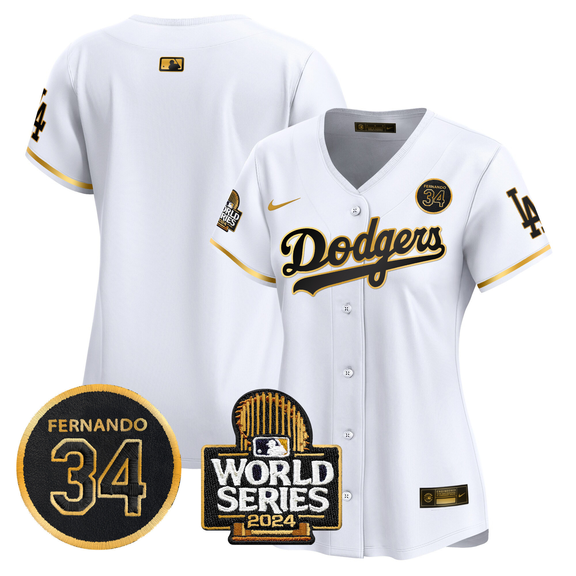 Women's Los Angeles Dodgers Fernando Valenzuela & 2024 World Series Patch Vapor Premier Limited White Gold Jersey V2 - All Stitched