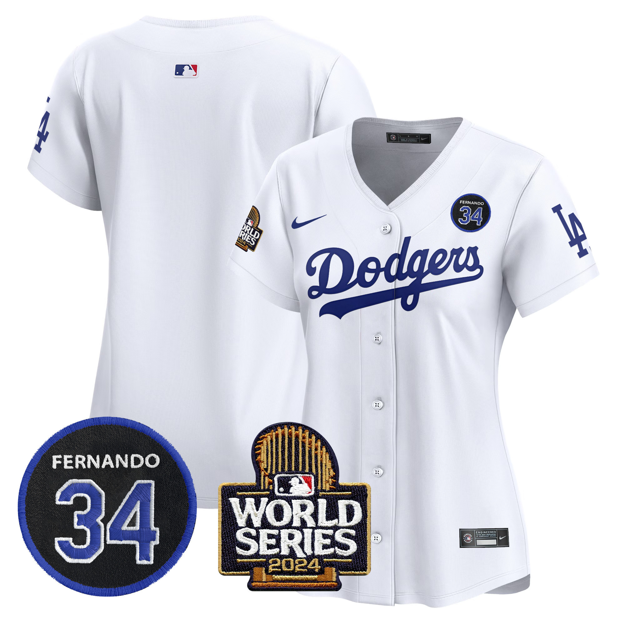 Women's Los Angeles Dodgers Fernando Valenzuela & 2024 World Series Patch Vapor Premier Limited White Jersey V2 - All Stitched
