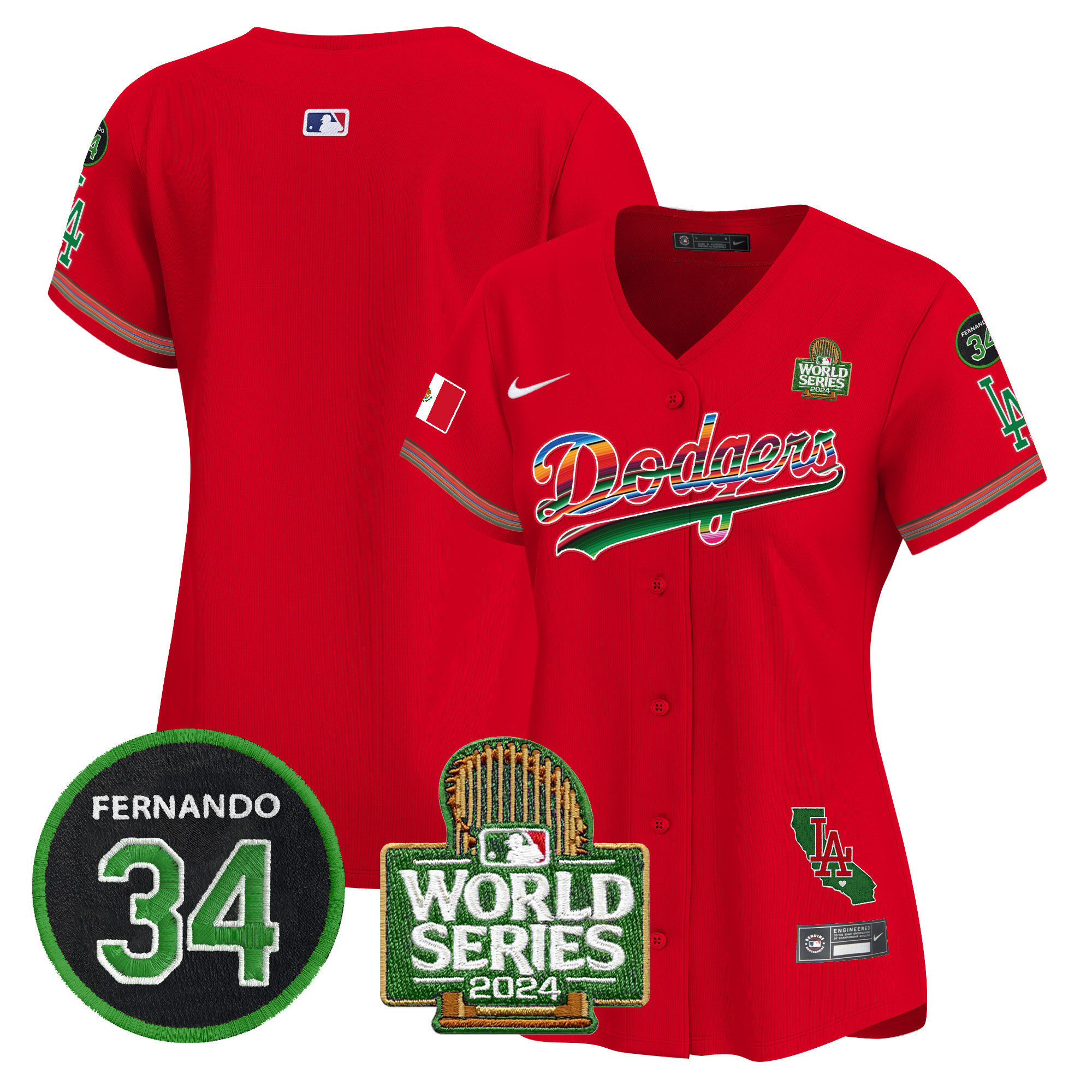 Women's Los Angeles Dodgers Mexico Fernando Memorial & 2024 World Series Patch Vapor Premier Limited Red Jersey V2 - All Stitched