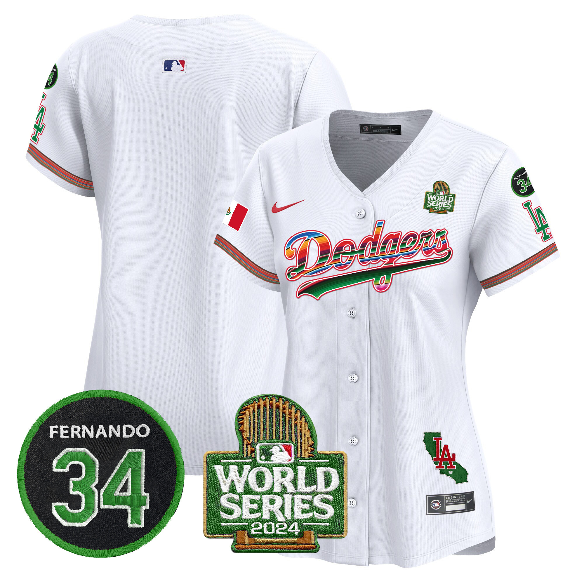 Women's Los Angeles Dodgers Mexico Fernando Memorial & 2024 World Series Patch Vapor Premier Limited White Jersey V2 - All Stitched