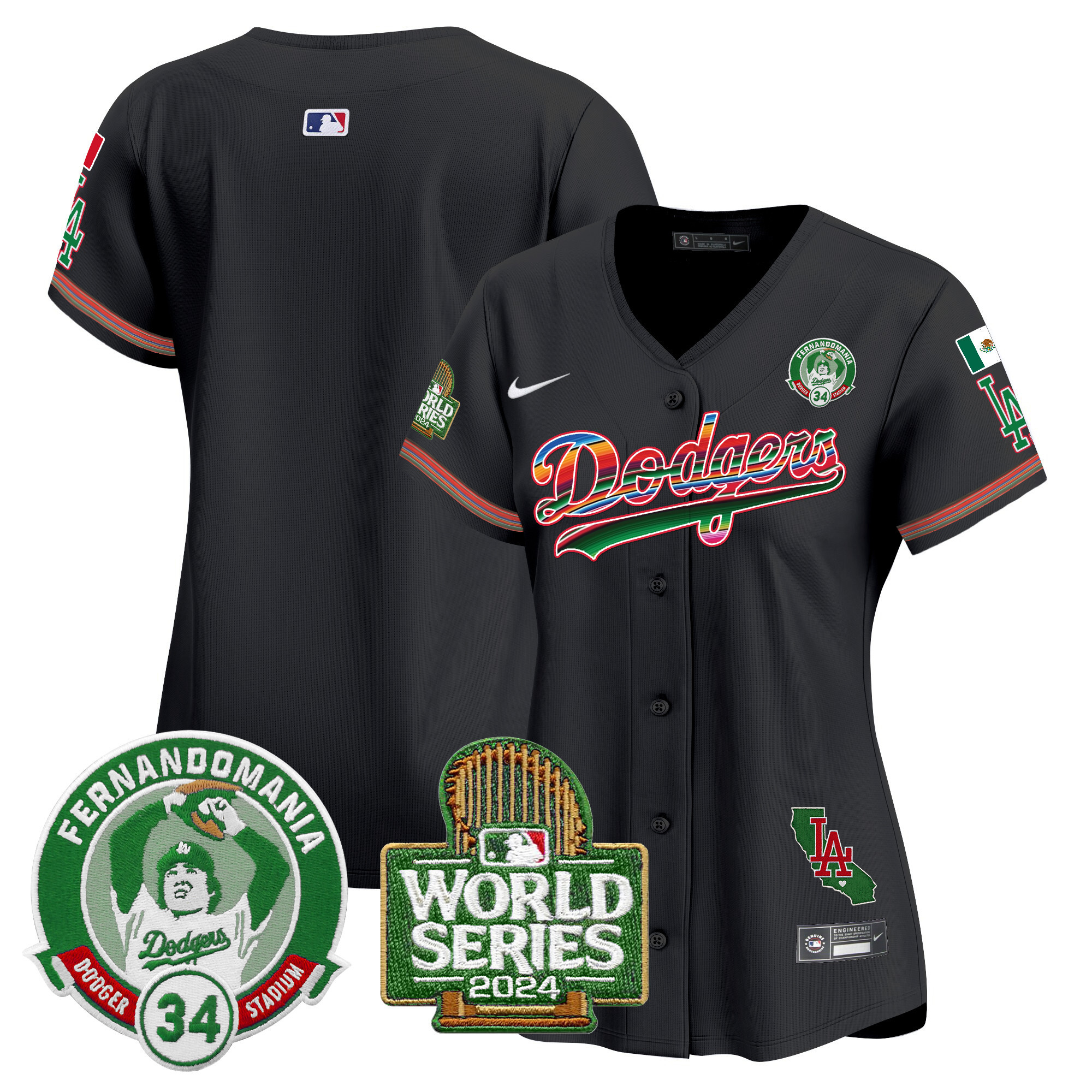 Women's Los Angeles Dodgers Mexico Fernando Valenzuela & 2024 World Series Patch Vapor Premier Limited Black Jersey - All Stitched
