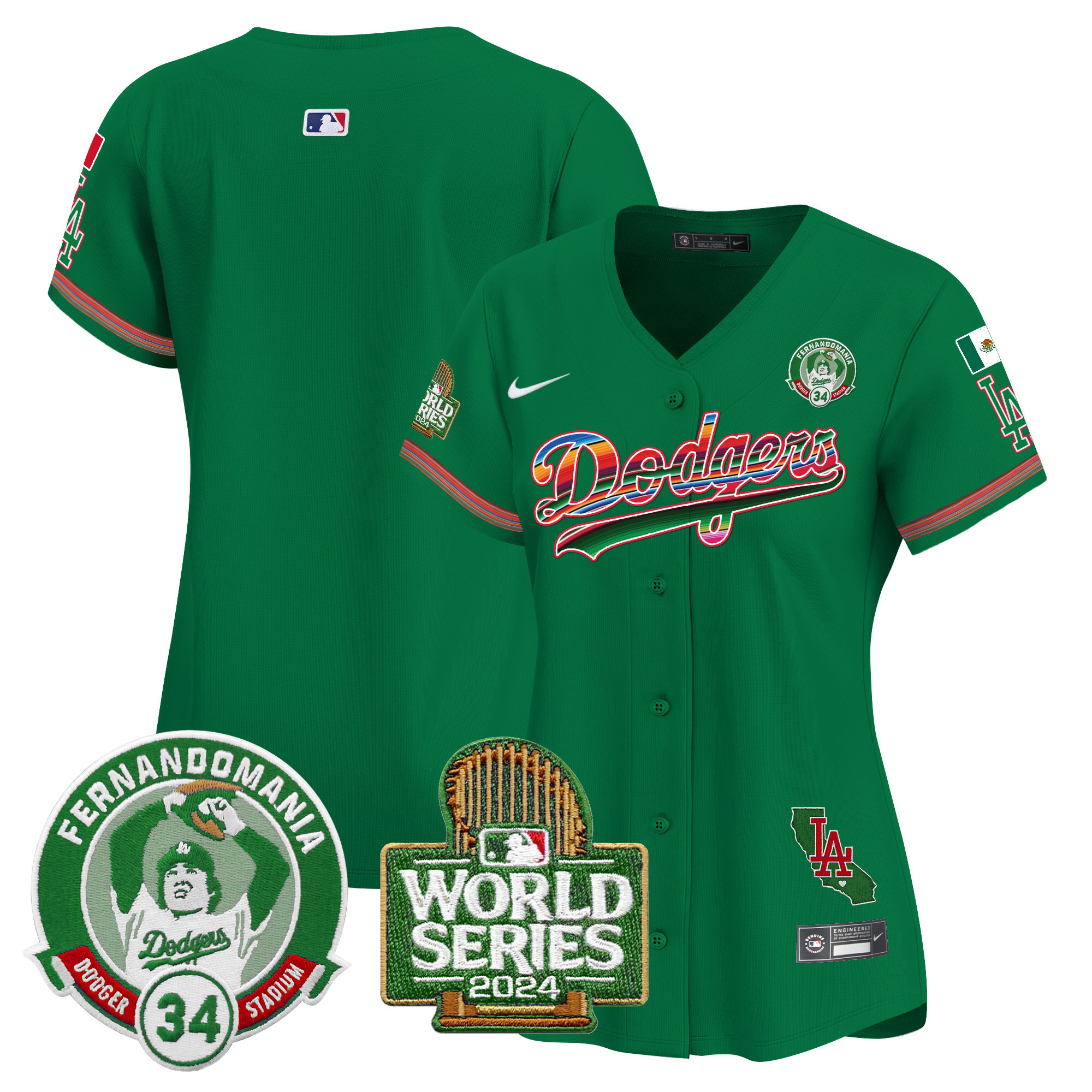 Women's Los Angeles Dodgers Mexico Fernando Valenzuela & 2024 World Series Patch Vapor Premier Limited Green Jersey - All Stitched