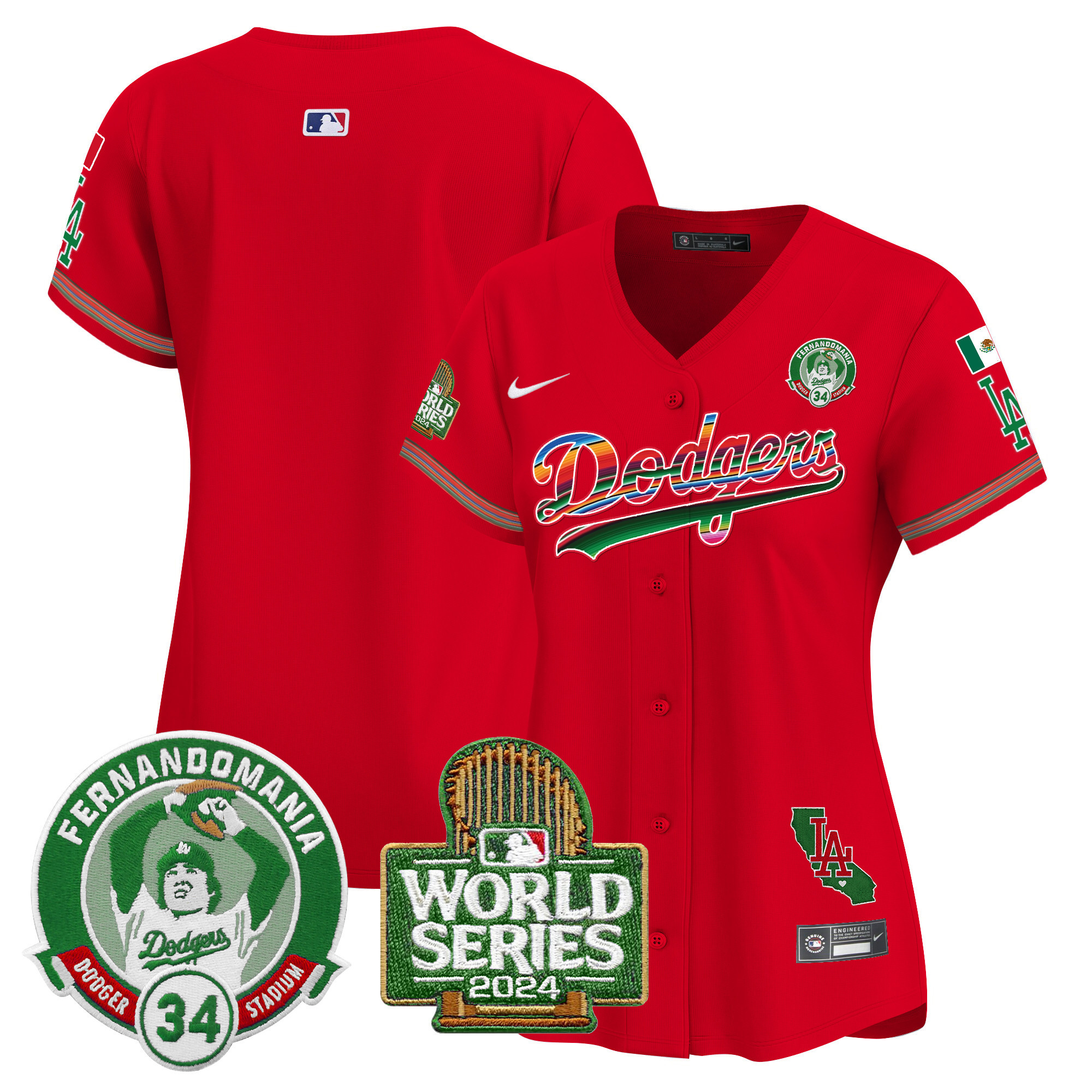 Women's Los Angeles Dodgers Mexico Fernando Valenzuela & 2024 World Series Patch Vapor Premier Limited Red Jersey - All Stitched