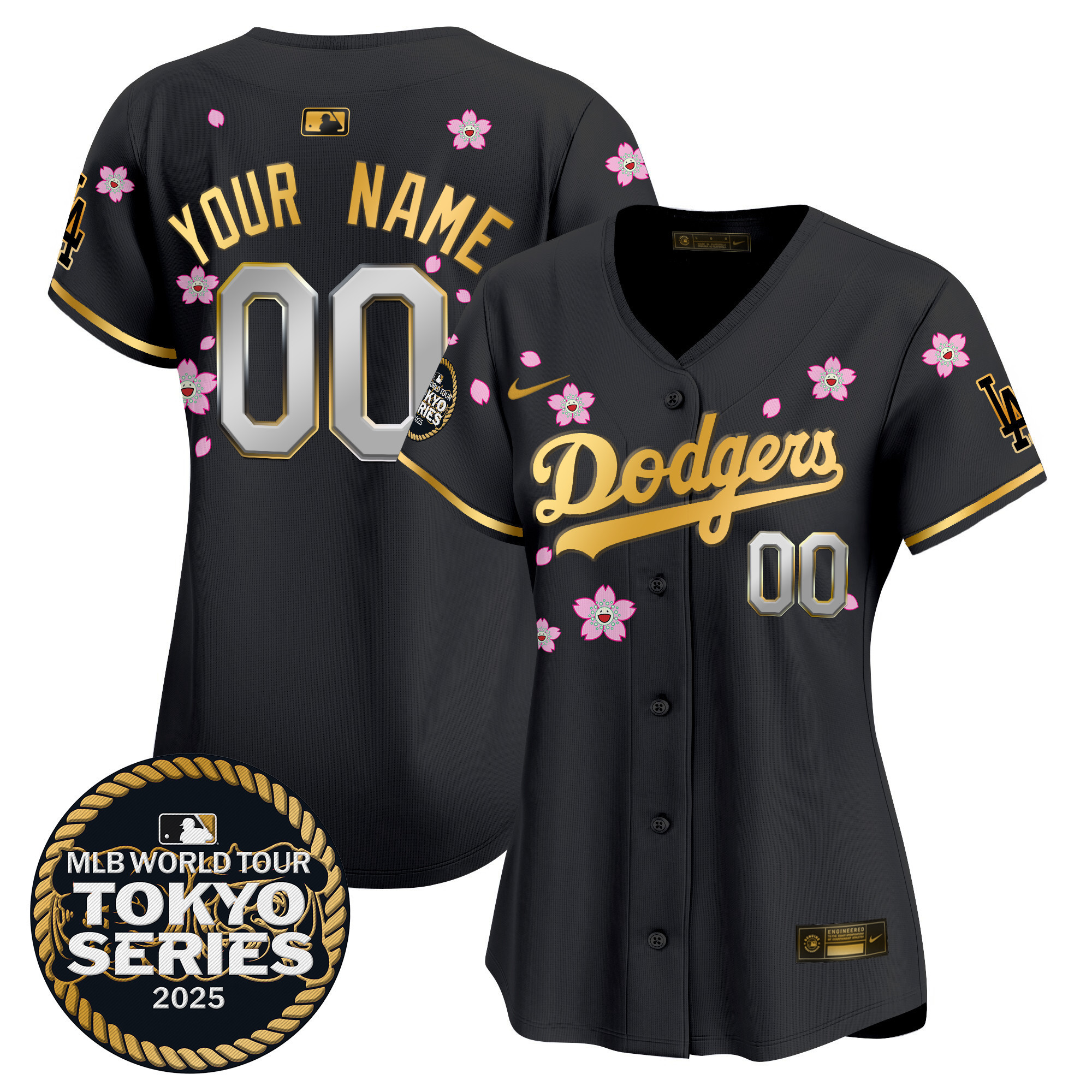 Women's Los Angeles Dodgers Tokyo Series 2025 Gold Trim Vapor Premier Limited Custom Black Gold Jersey V2 - Stitched