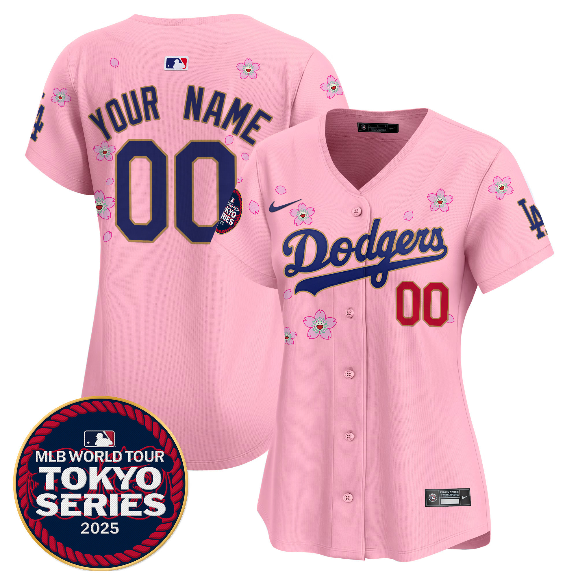 Women's Los Angeles Dodgers Tokyo Series 2025 Gold Trim Vapor Premier Limited Custom Cherry Blossom Jersey - Stitched