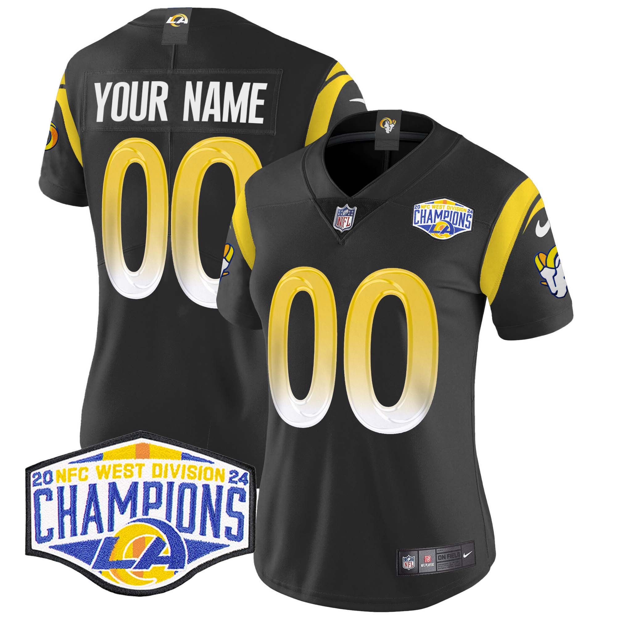 Women's Los Angeles Rams 2024 NFC West Division Champions Vapor Limited Custom Black Jersey - All Stitched