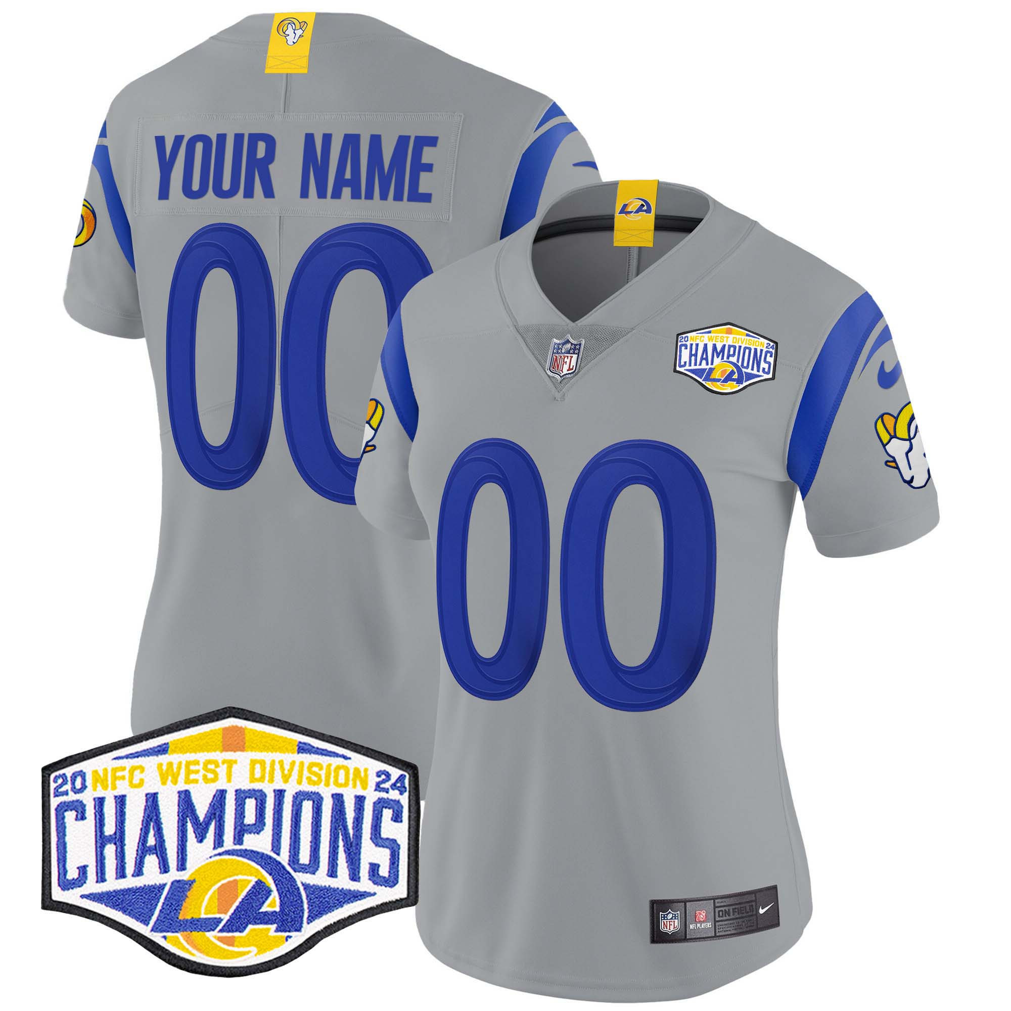 Women's Los Angeles Rams 2024 NFC West Division Champions Vapor Limited Custom Gray Jersey - All Stitched
