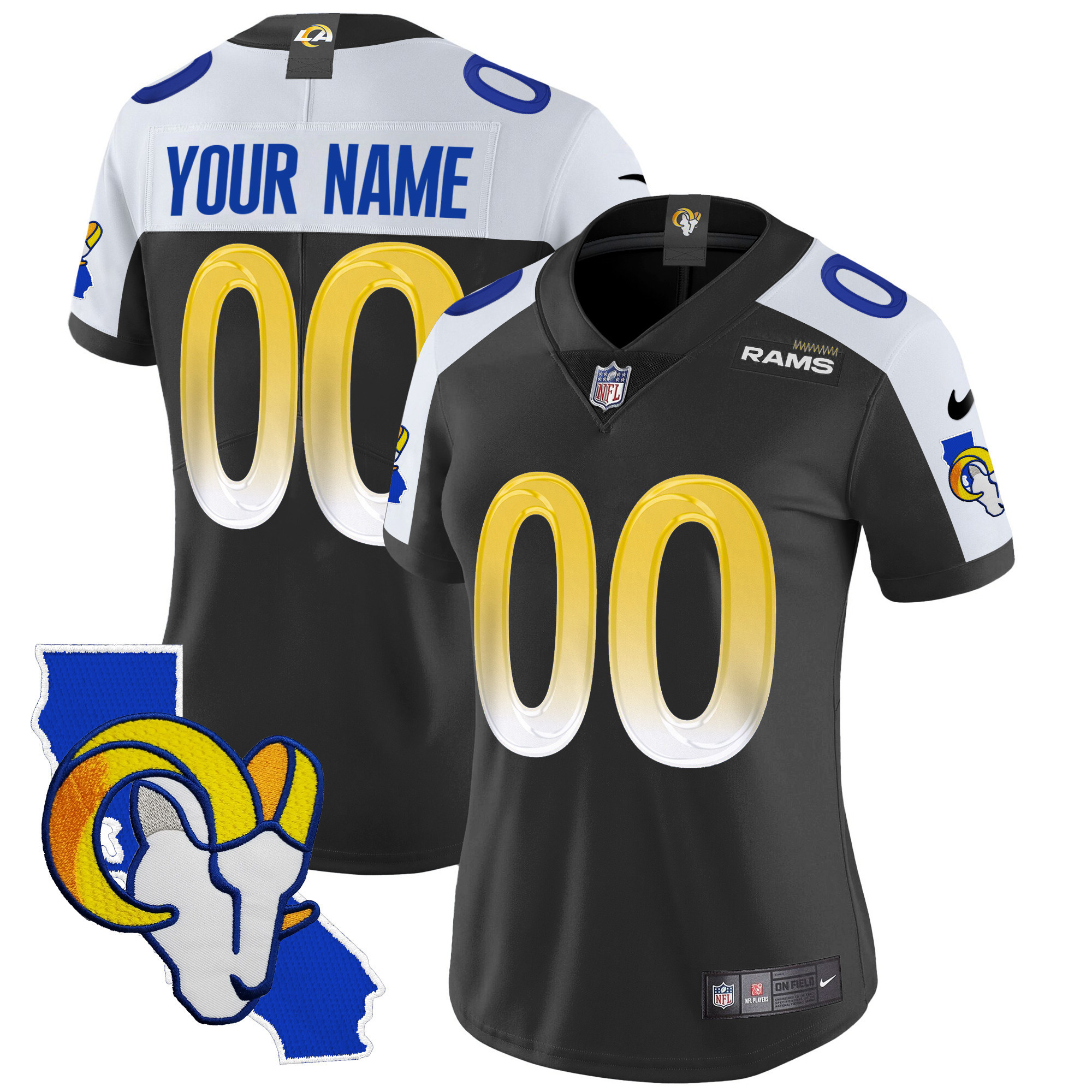 Women's Los Angeles Rams California Patch Vapor Limited Custom Black Alternate Jersey - All Stitched