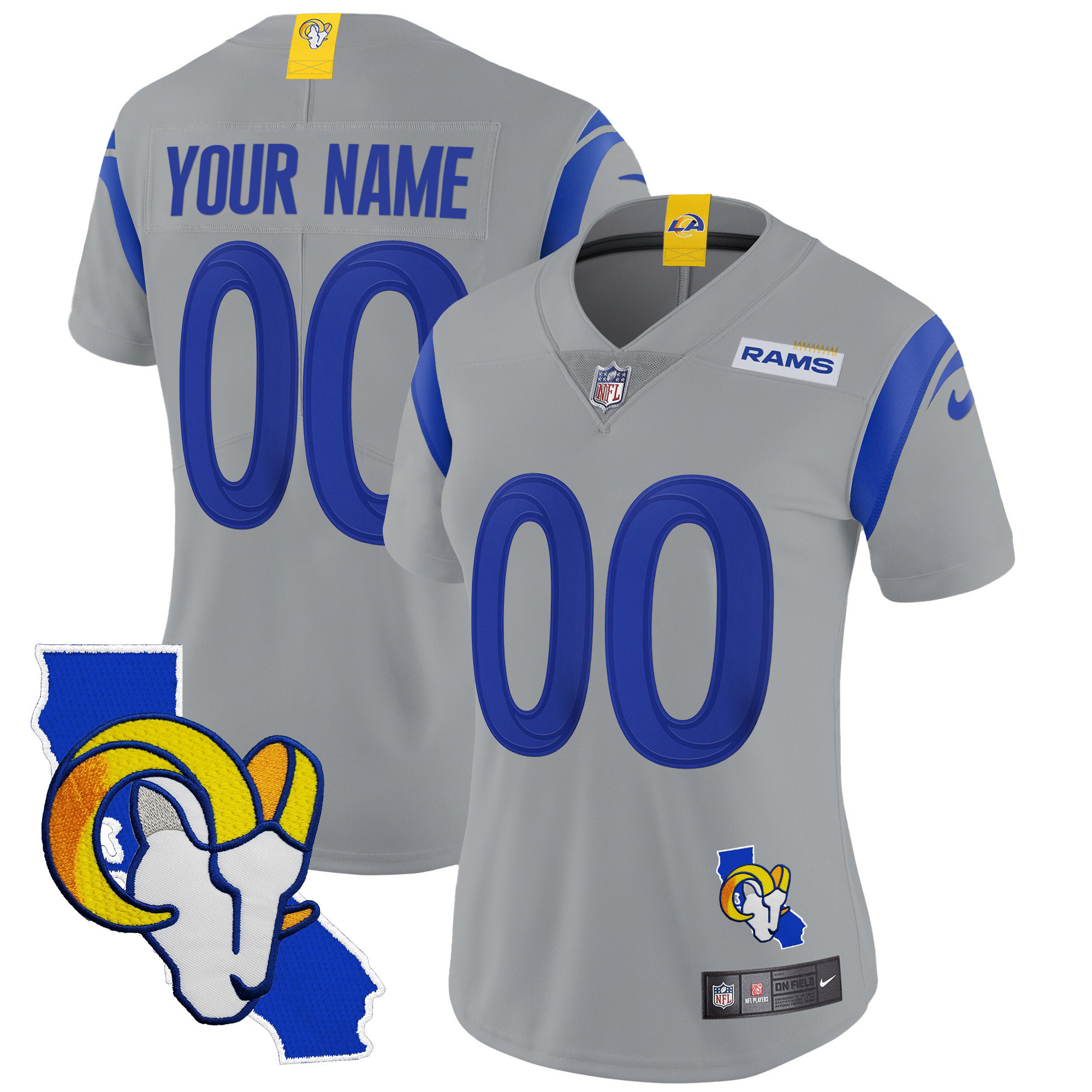 Women's Los Angeles Rams California Patch Vapor Limited Custom Gray Jersey - All Stitched