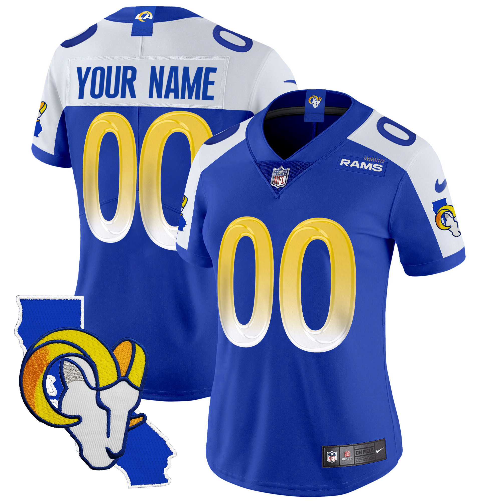 Women's Los Angeles Rams California Patch Vapor Limited Custom Royal Alternate Jersey - All Stitched