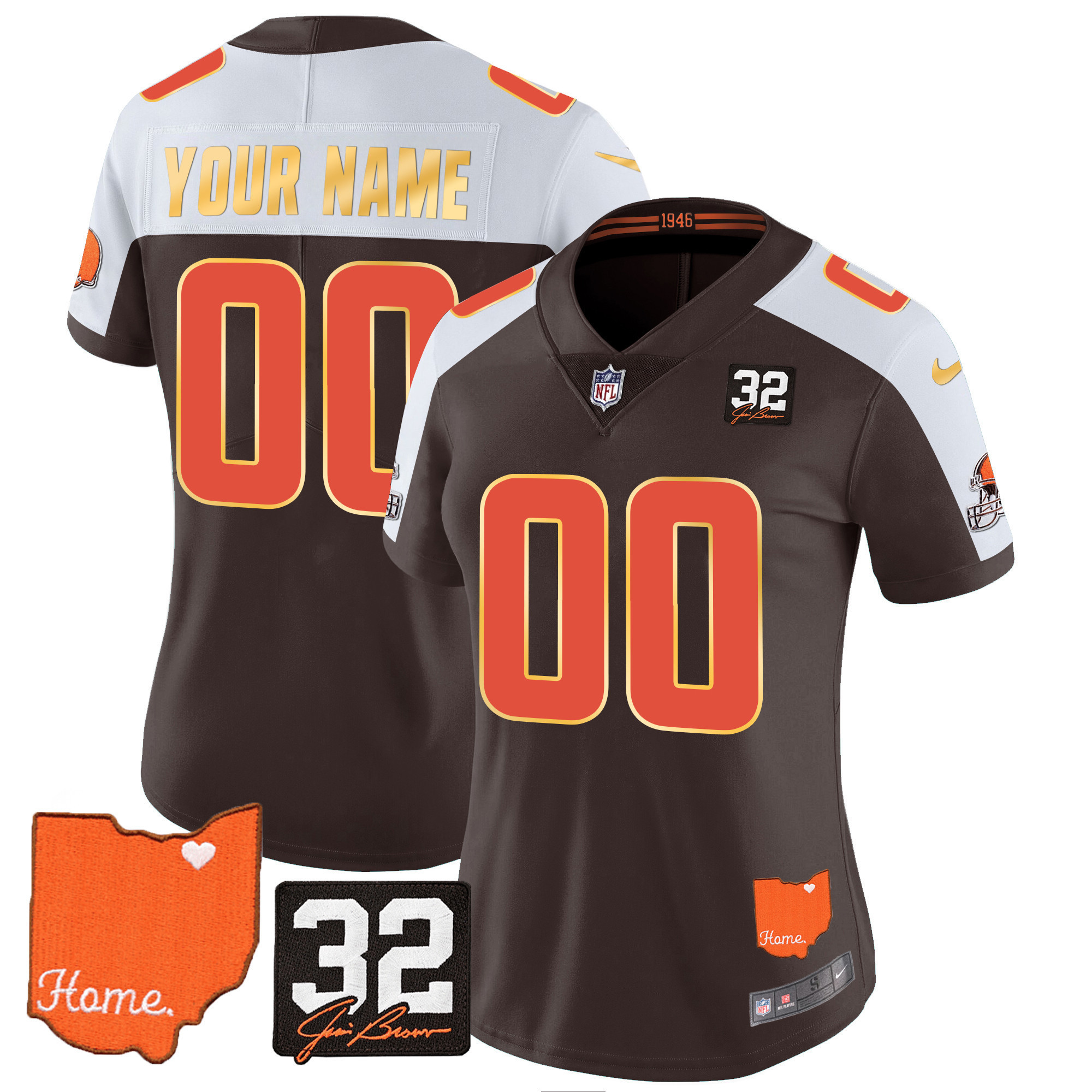 Women's Men's Cleveland Browns #32 Jim Brown Memorial & Home Patch Gold Trim Custom Alternate Jersey - All Stitched