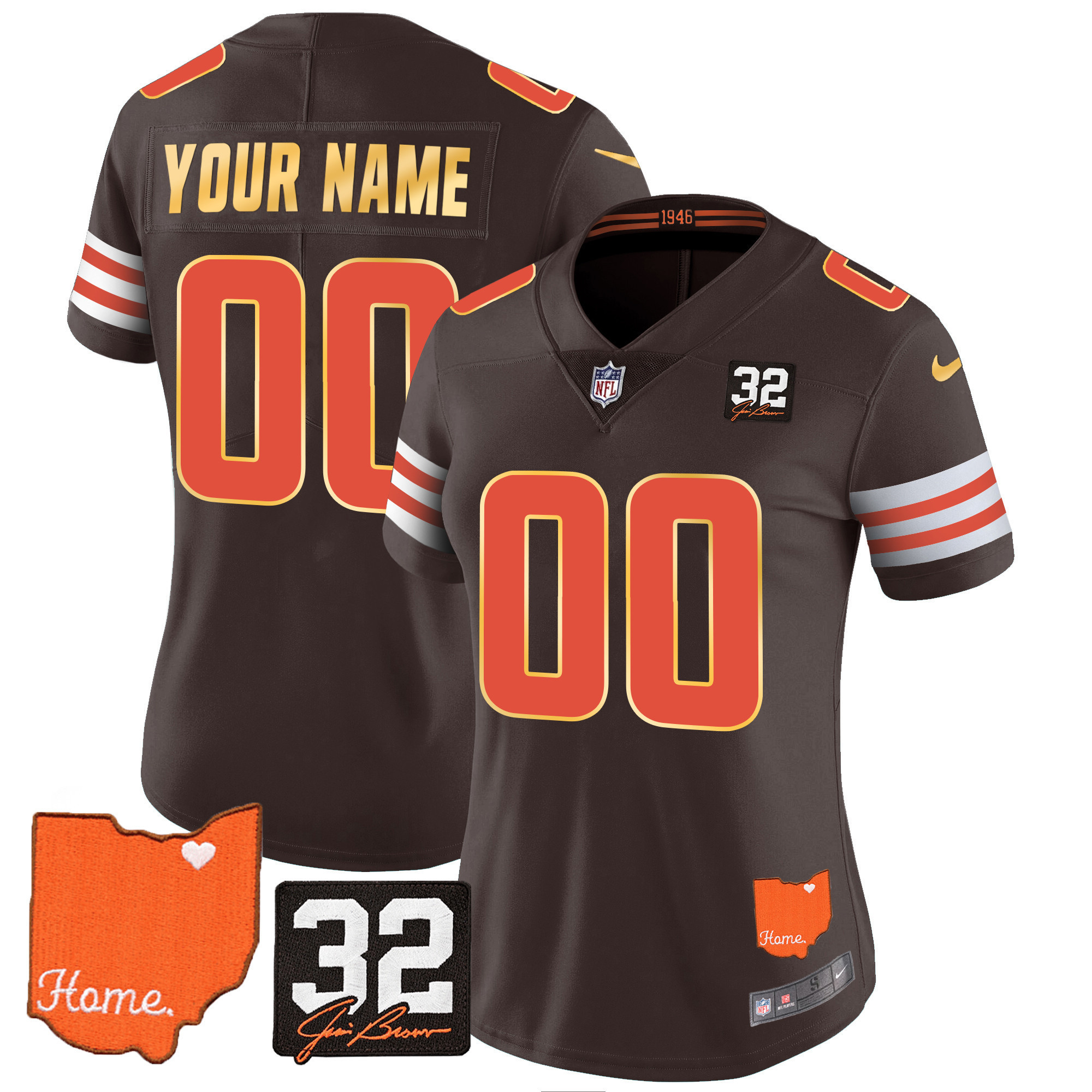 Women's Men's Cleveland Browns #32 Jim Brown Memorial & Home Patch Gold Trim Custom Brown Jersey - All Stitched