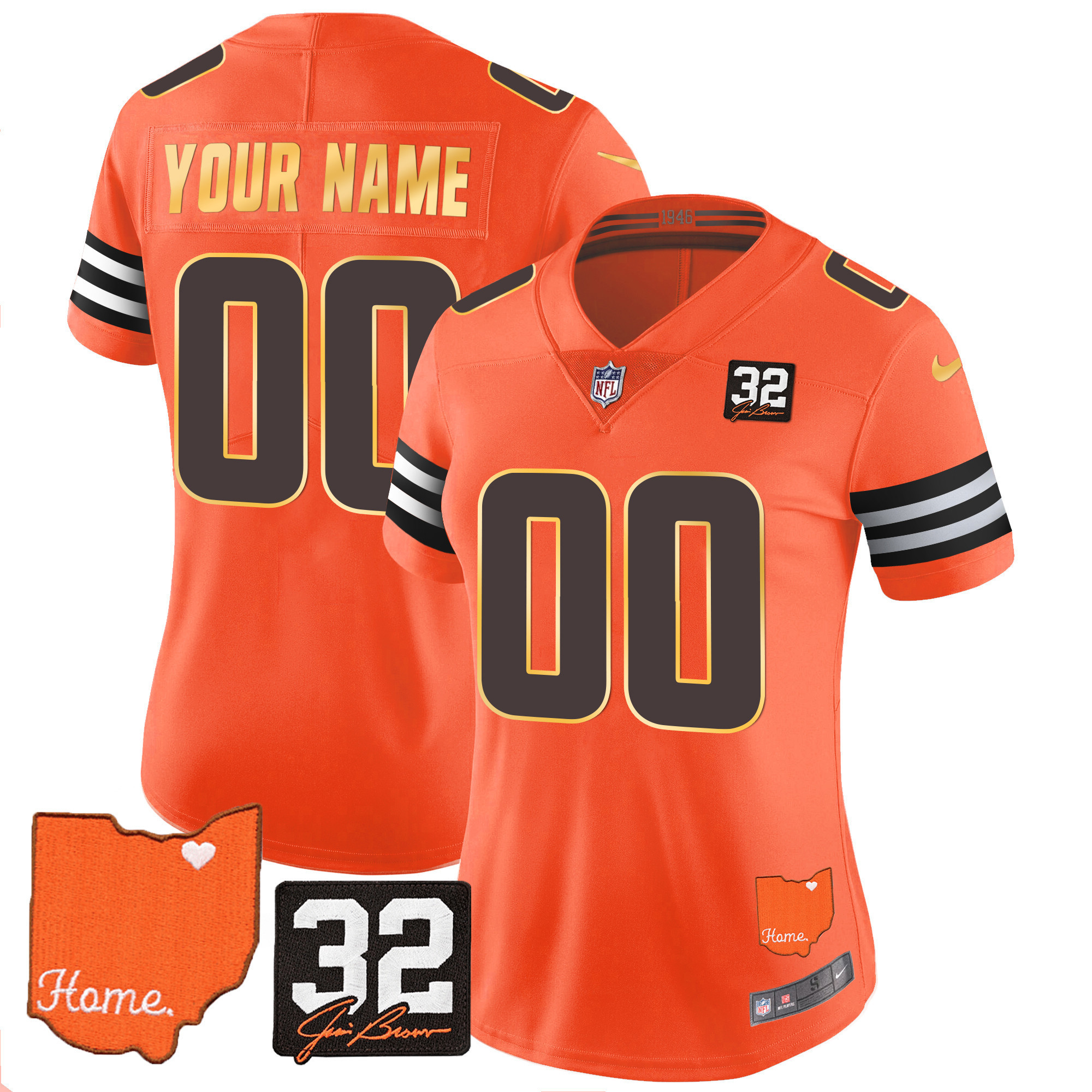 Women's Men's Cleveland Browns #32 Jim Brown Memorial & Home Patch Gold Trim Custom Orange Jersey - All Stitched