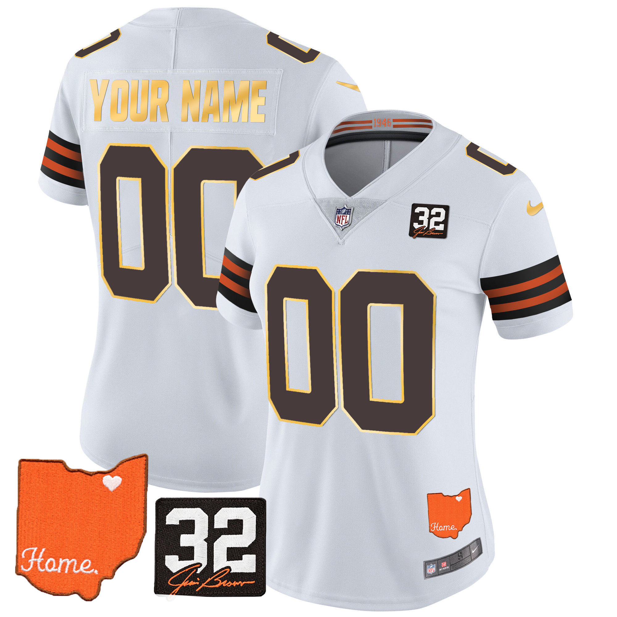 Women's Men's Cleveland Browns #32 Jim Brown Memorial & Home Patch Gold Trim Custom White Jersey - All Stitched
