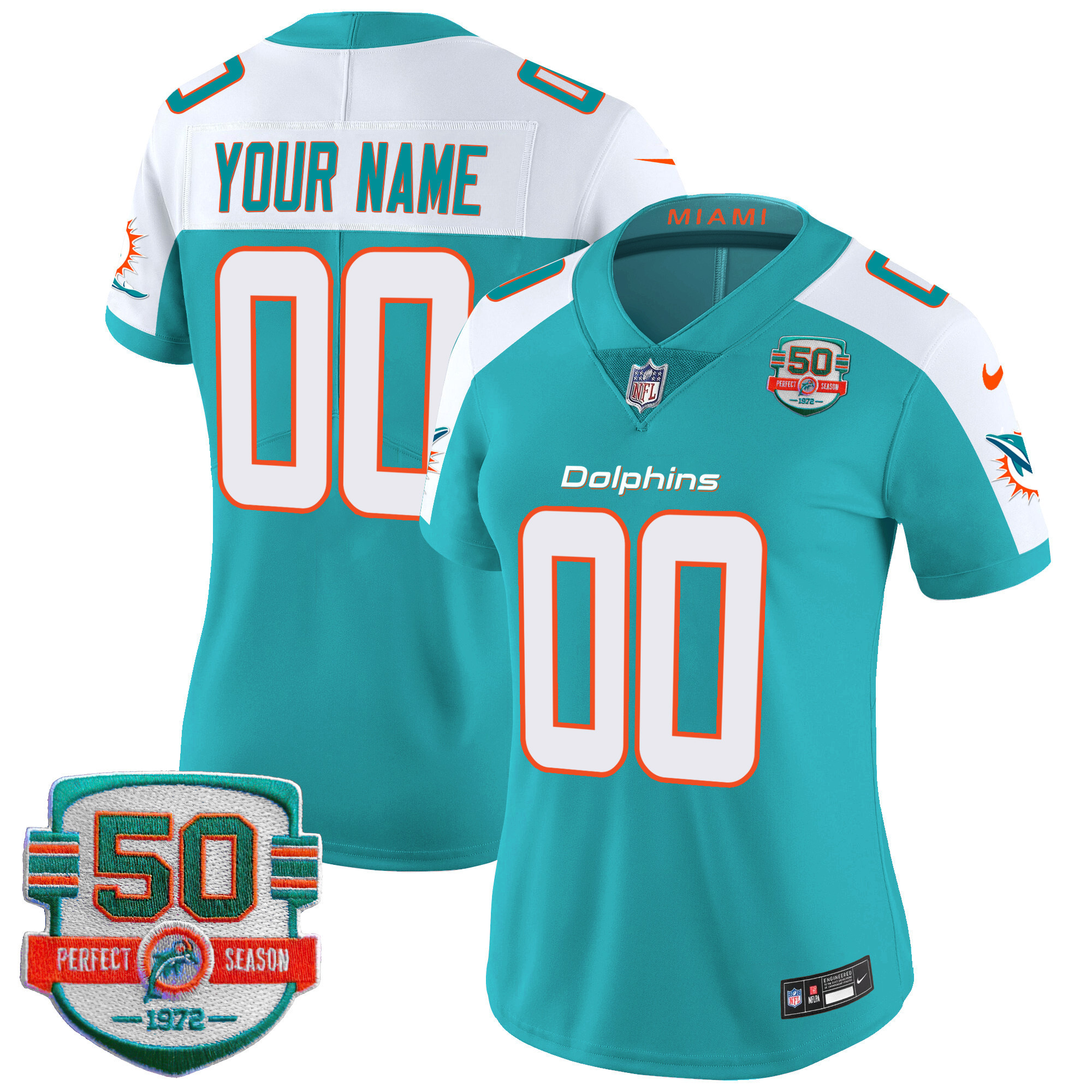 Women's Miami Dolphins 50th 1972 Perfect Season Patch Vapor Custom Aqua Alternate Jersey - All Stitched