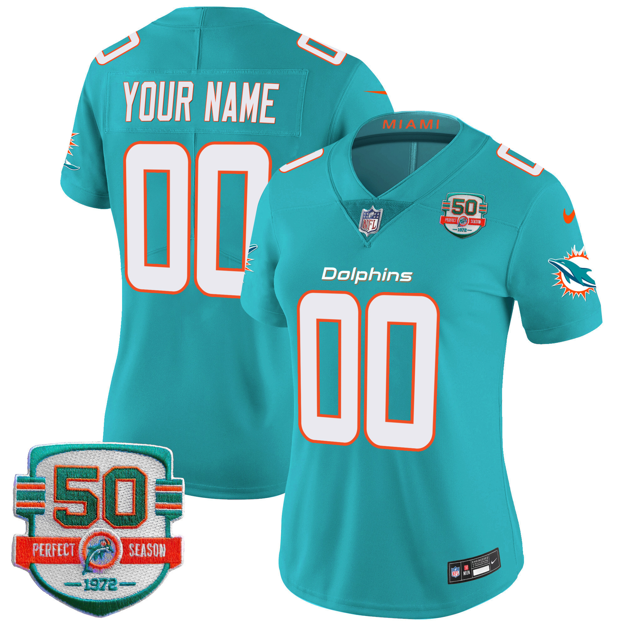 Women's Miami Dolphins 50th 1972 Perfect Season Patch Vapor Custom Aqua Jersey - All Stitched