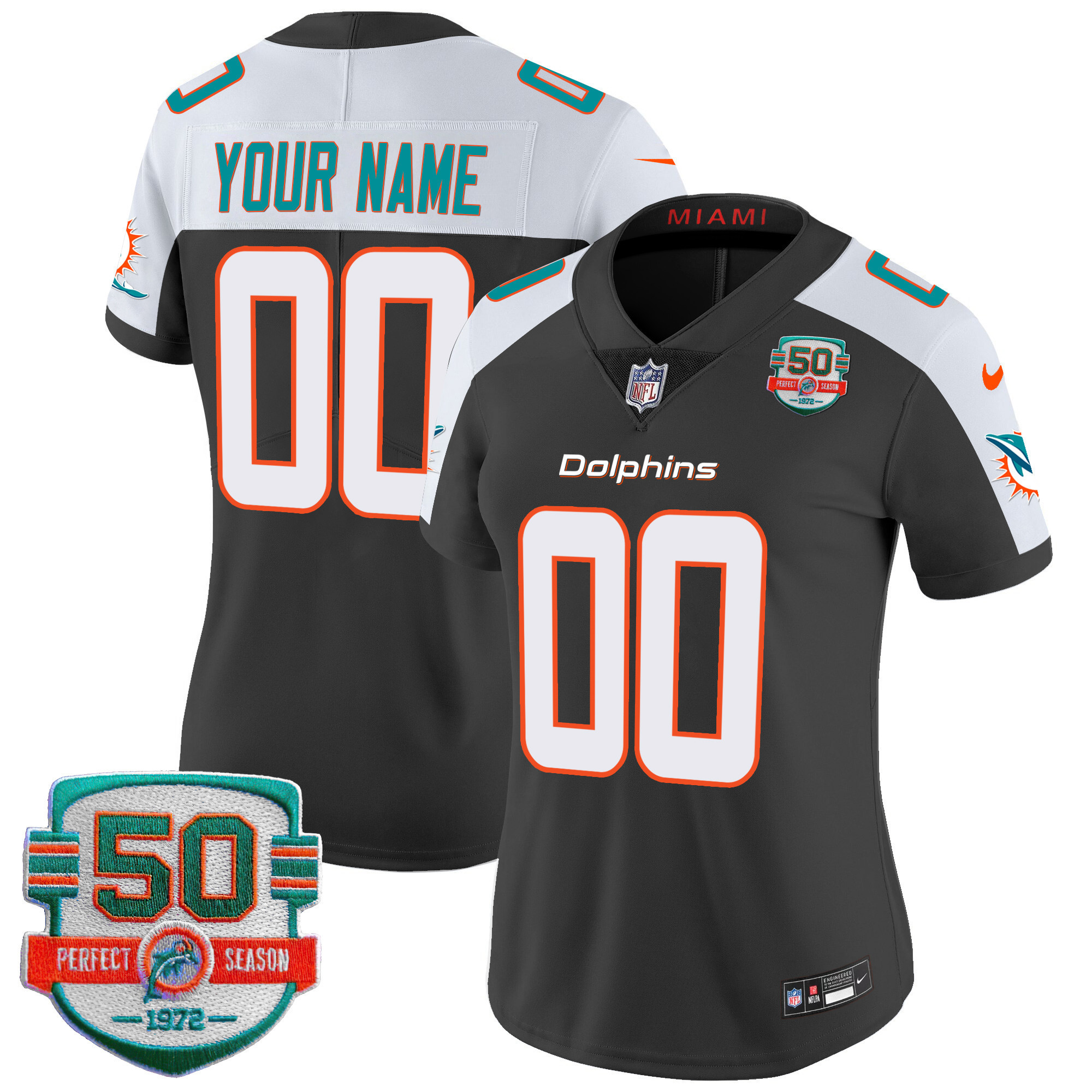 Women's Miami Dolphins 50th 1972 Perfect Season Patch Vapor Custom Black Alternate Jersey - All Stitched