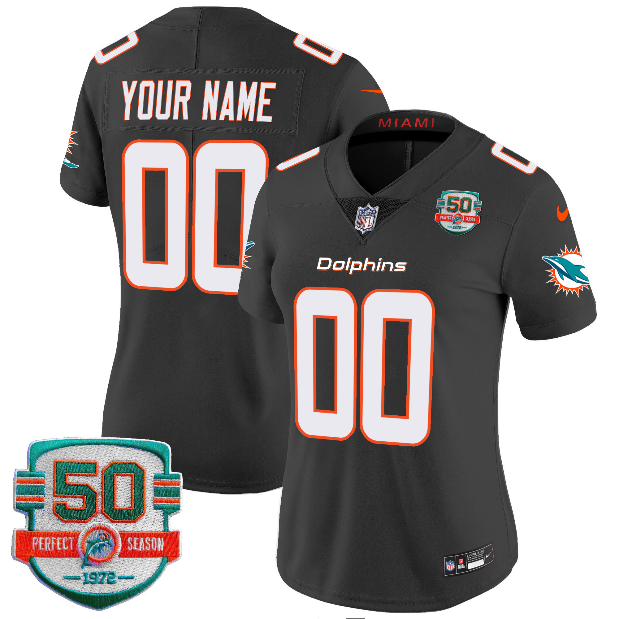 Women's Miami Dolphins 50th 1972 Perfect Season Patch Vapor Custom Black Jersey - All Stitched