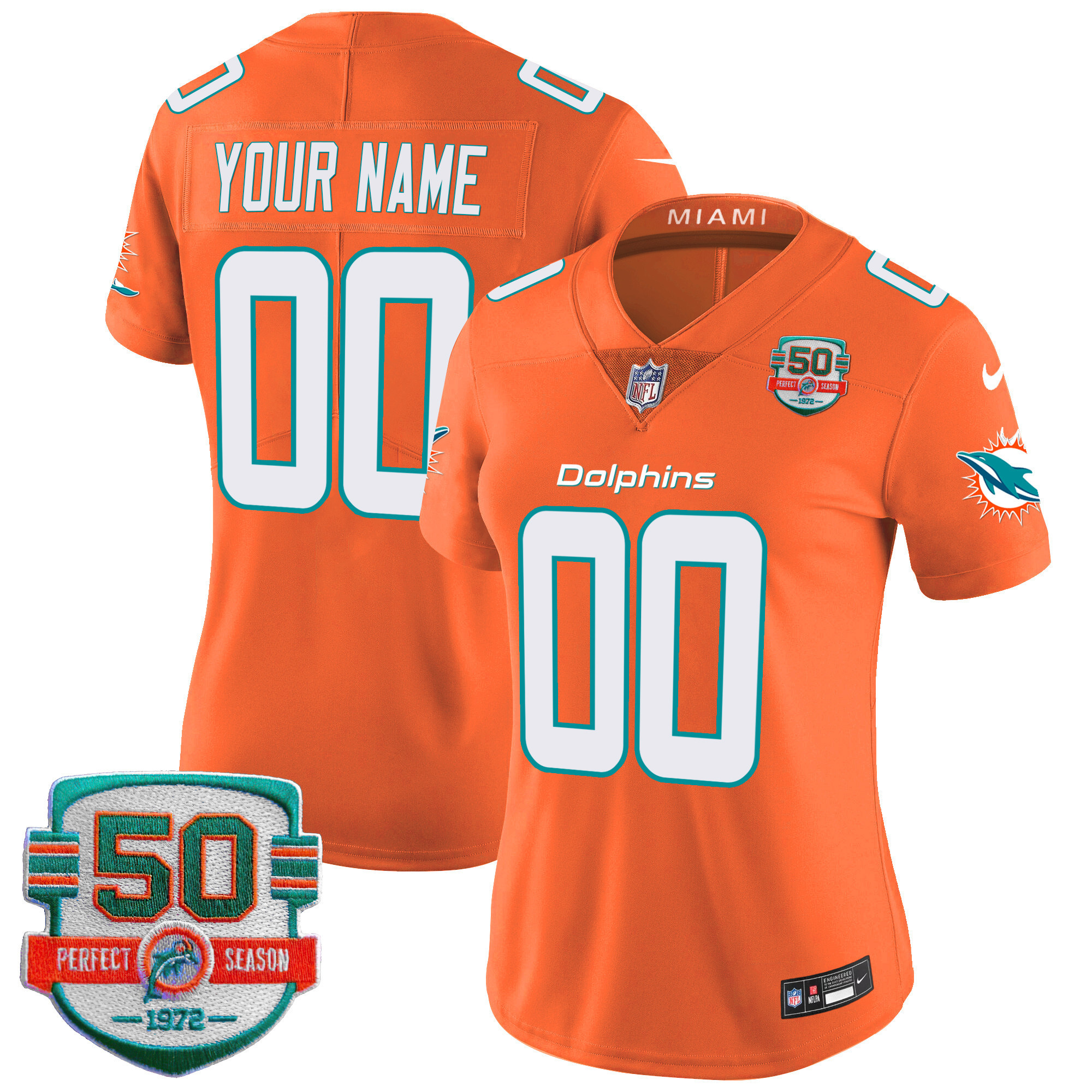 Women's Miami Dolphins 50th 1972 Perfect Season Patch Vapor Custom Orange Jersey - All Stitched